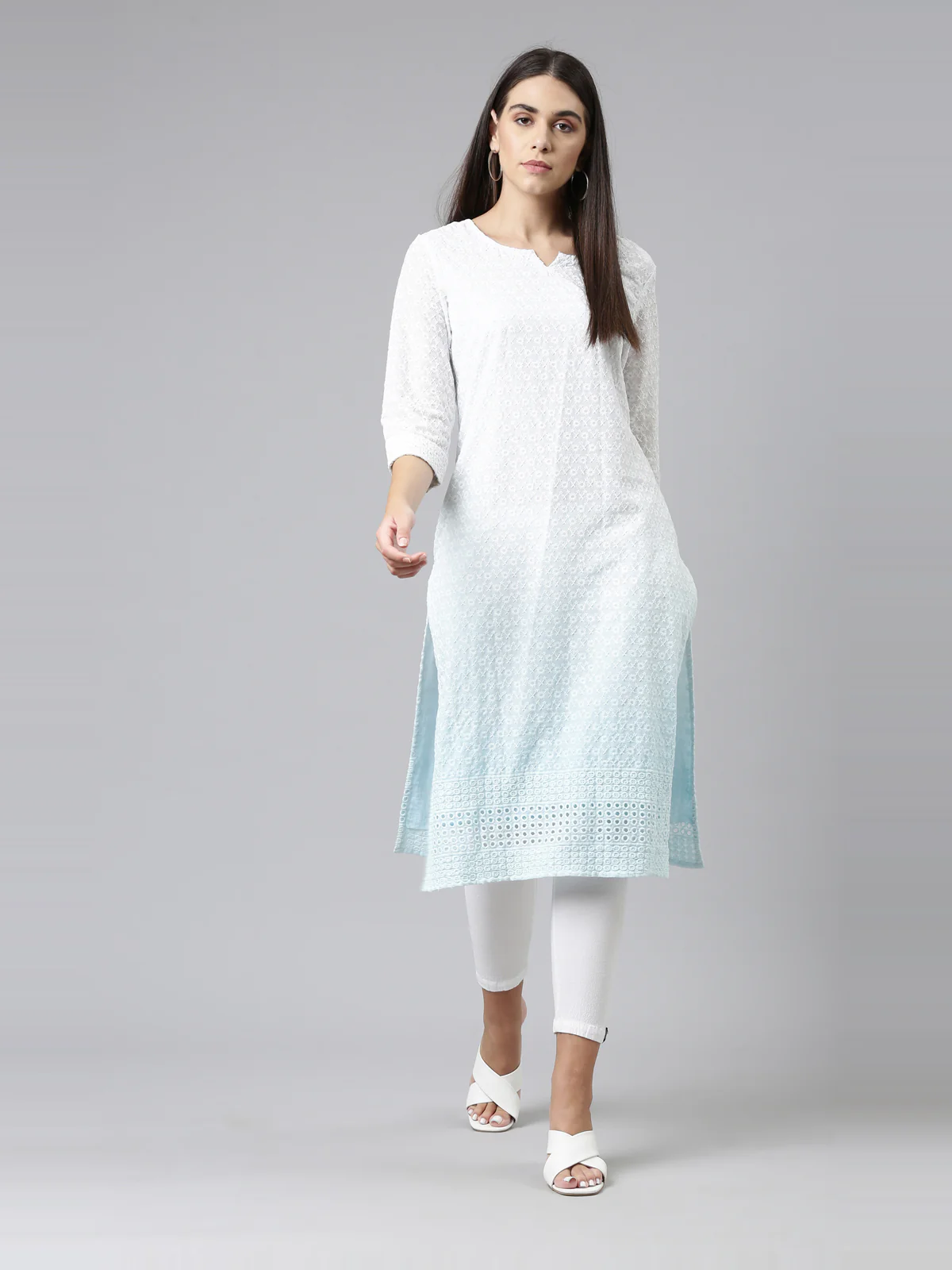 Neerus Ferozi Color Chiken Fabric Kurta - Image 5