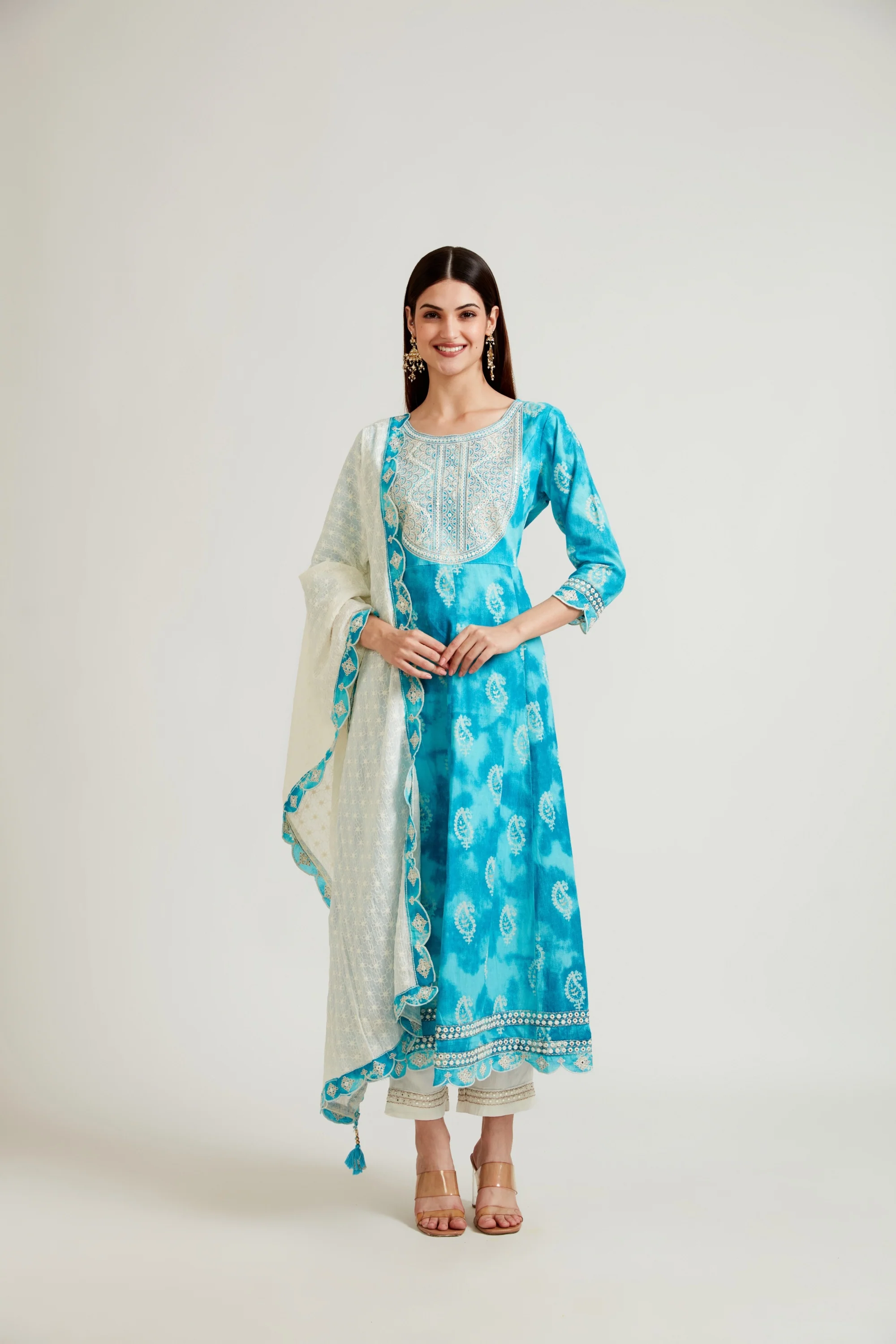 Neerus Ferozi Color Cotton Fabric Kurta Trouser With Dupatta