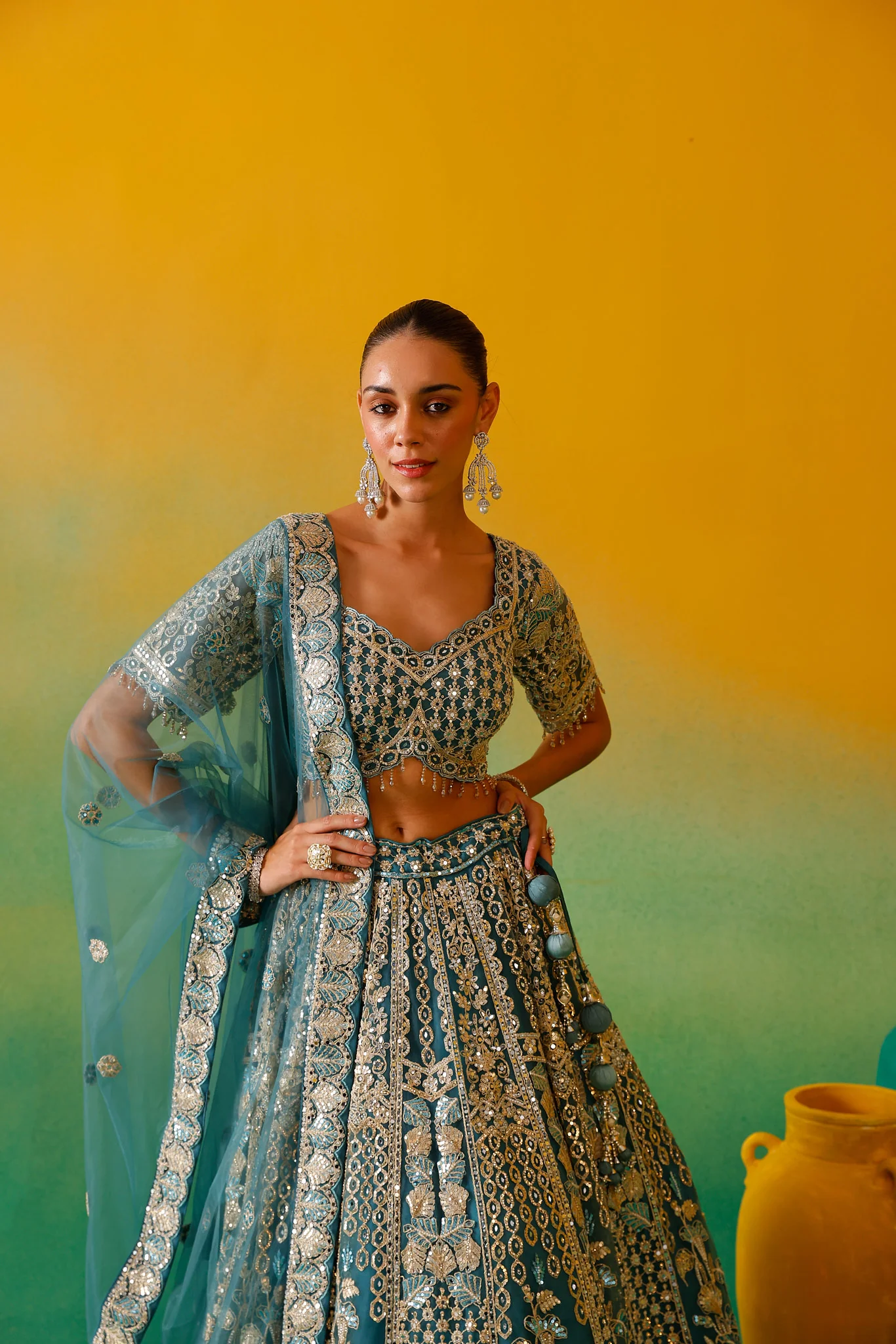 Neerus Ferozi Embroidery work Nett Fabric Ghagra Set. - Image 10