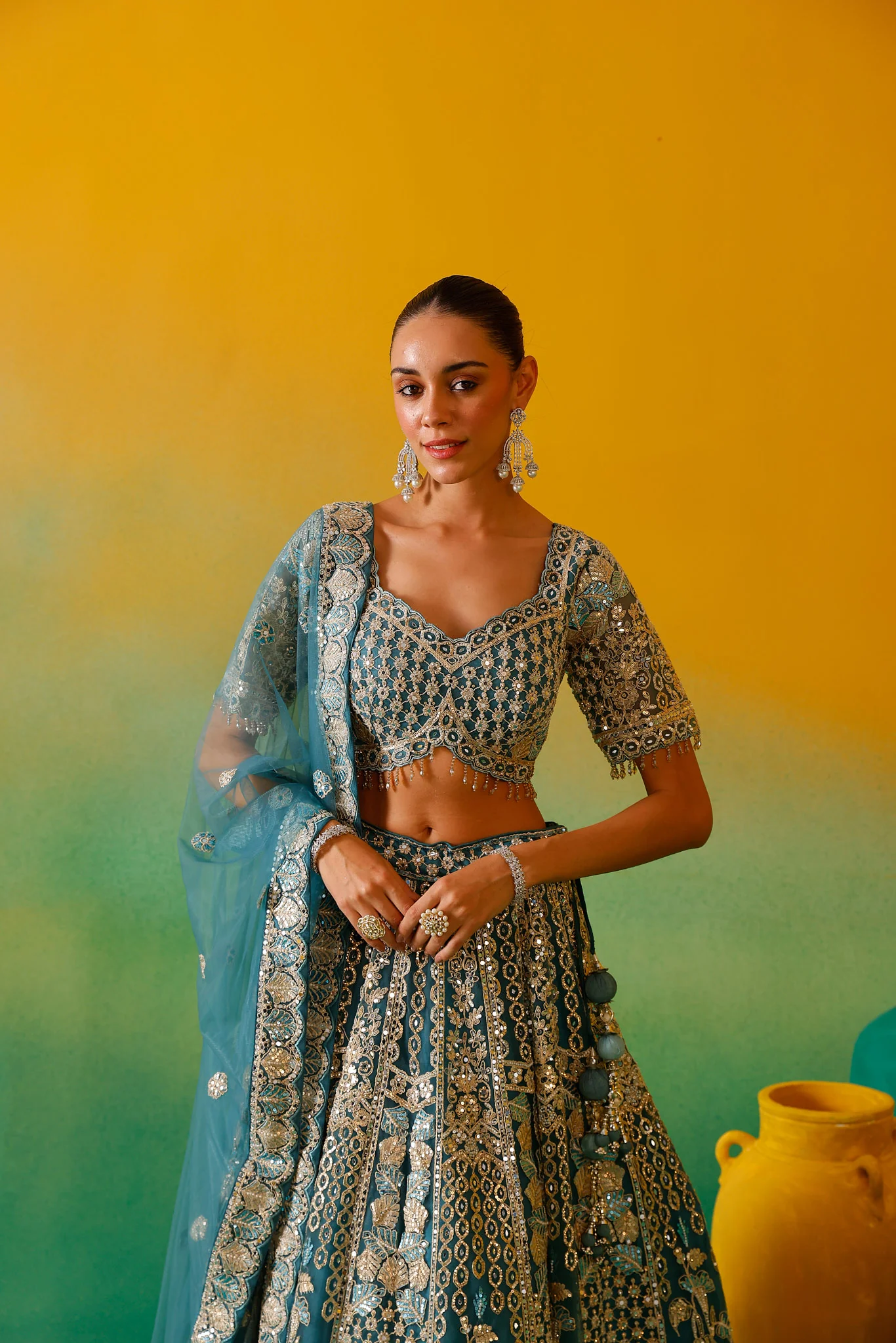 Neerus Ferozi Embroidery work Nett Fabric Ghagra Set. - Image 11