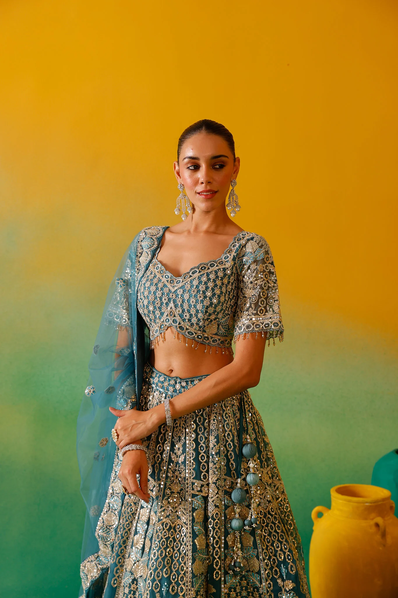 Neerus Ferozi Embroidery work Nett Fabric Ghagra Set. - Image 13