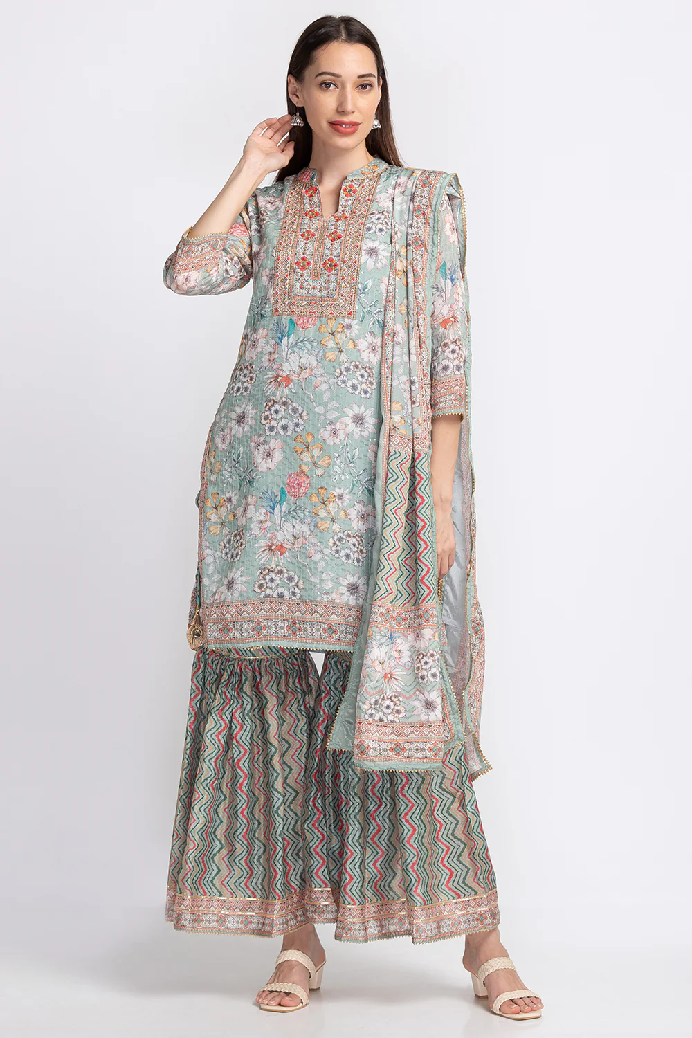 Neerus Floral Embroidered Pleated Sequinned Kurta With Sharara Dupatta