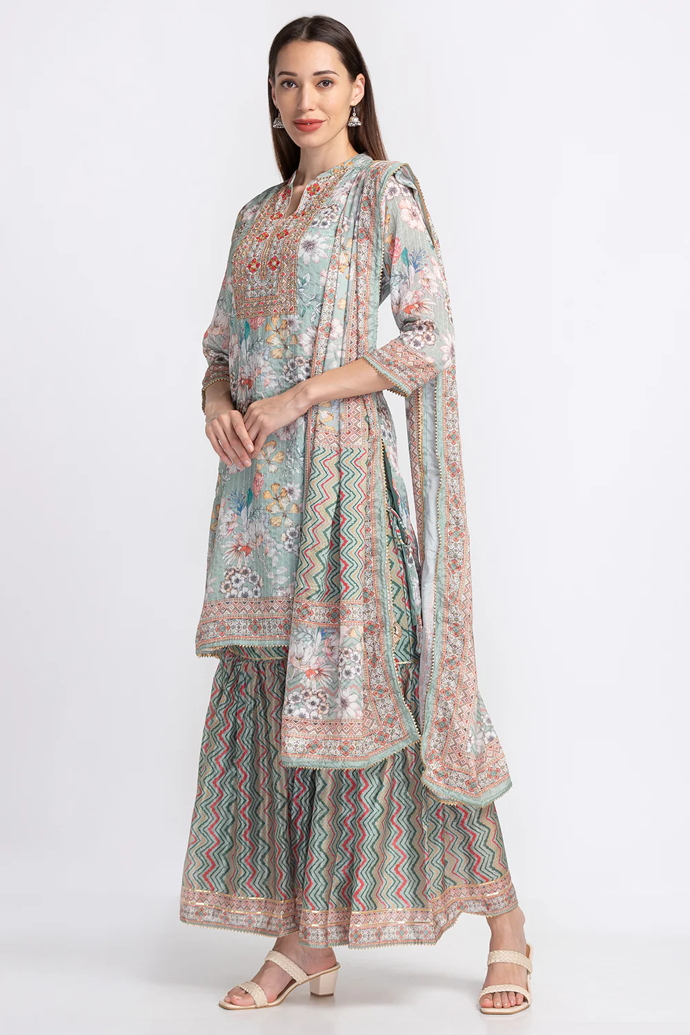 Neerus Floral Embroidered Pleated Sequinned Kurta With Sharara Dupatta - Image 2