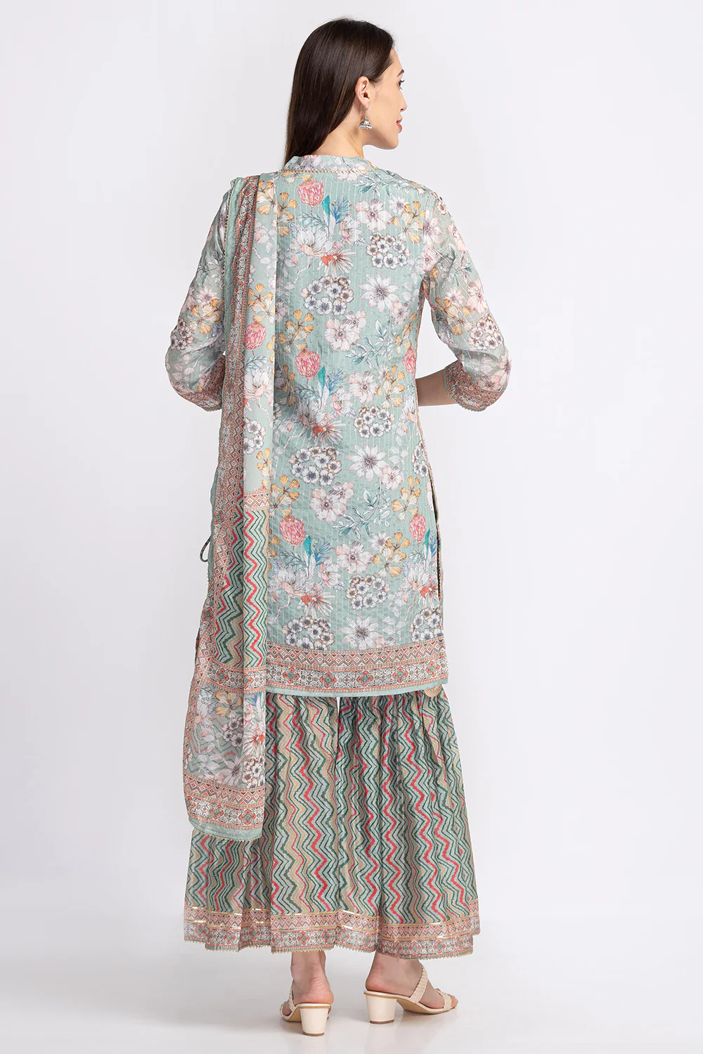 Neerus Floral Embroidered Pleated Sequinned Kurta With Sharara Dupatta - Image 3