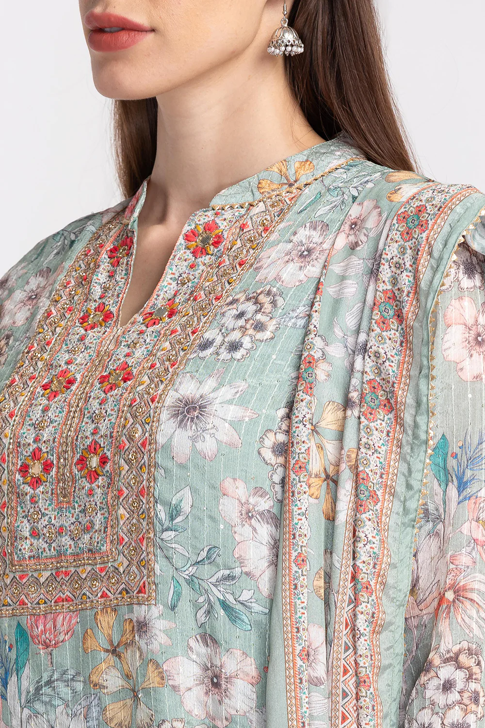 Neerus Floral Embroidered Pleated Sequinned Kurta With Sharara Dupatta - Image 4