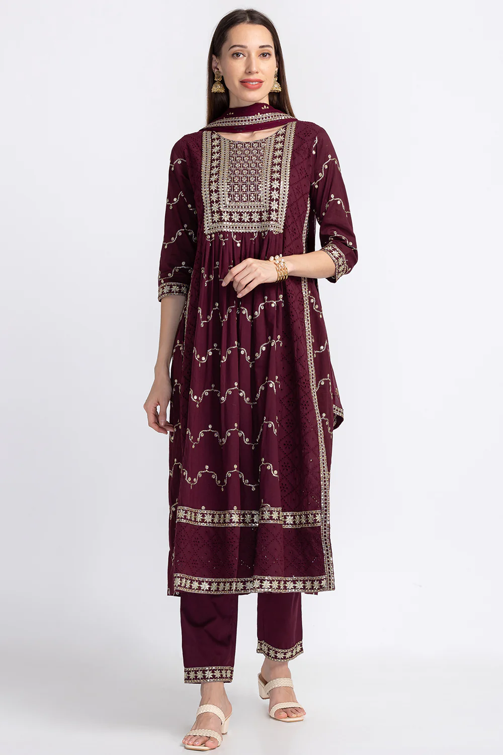 Neerus Floral Embroidered Sequinned Kurta With Trousers Dupatta - Image 5