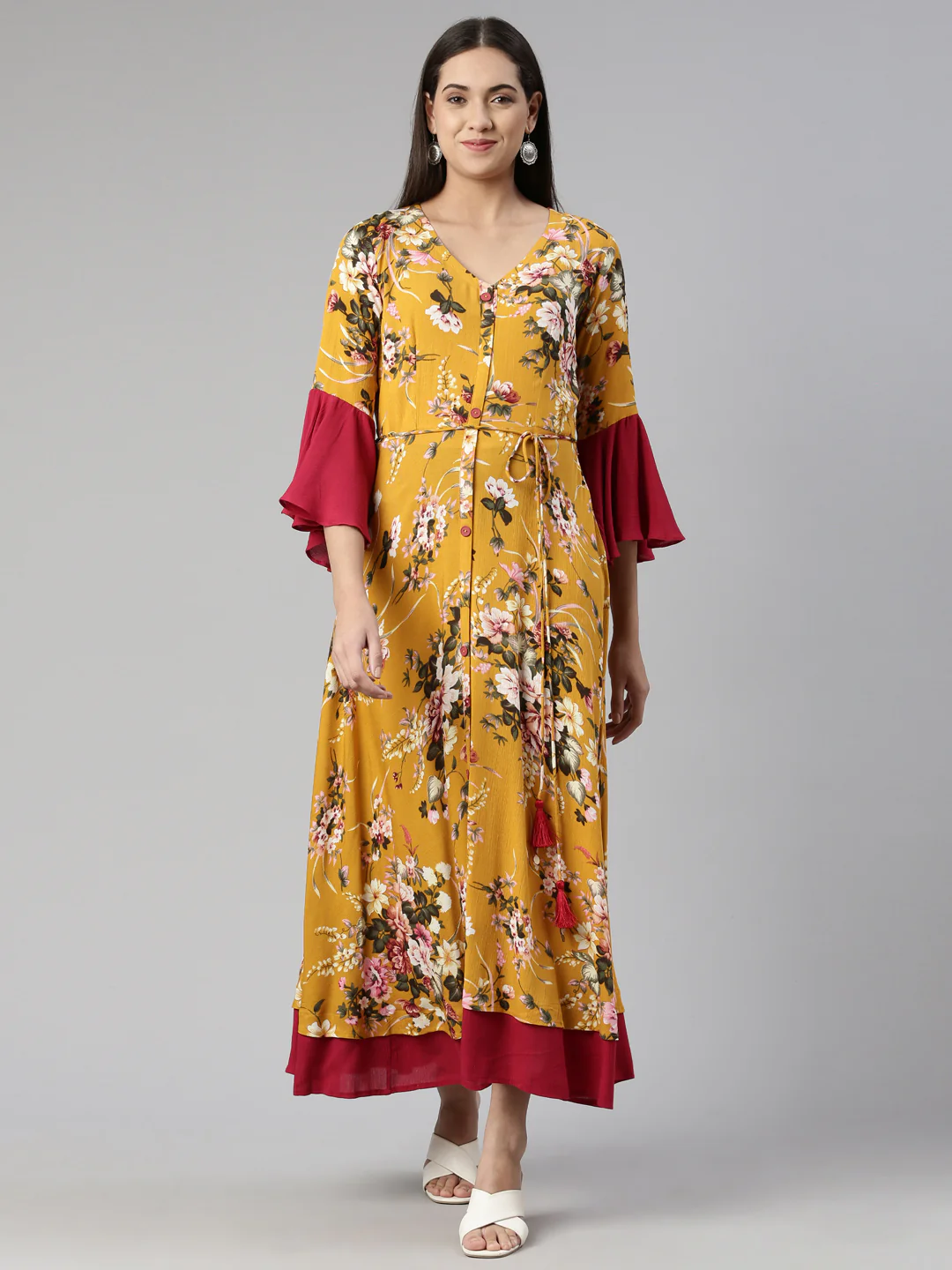 Neerus Floral Ethnic Bell Sleeves Maxi Dress