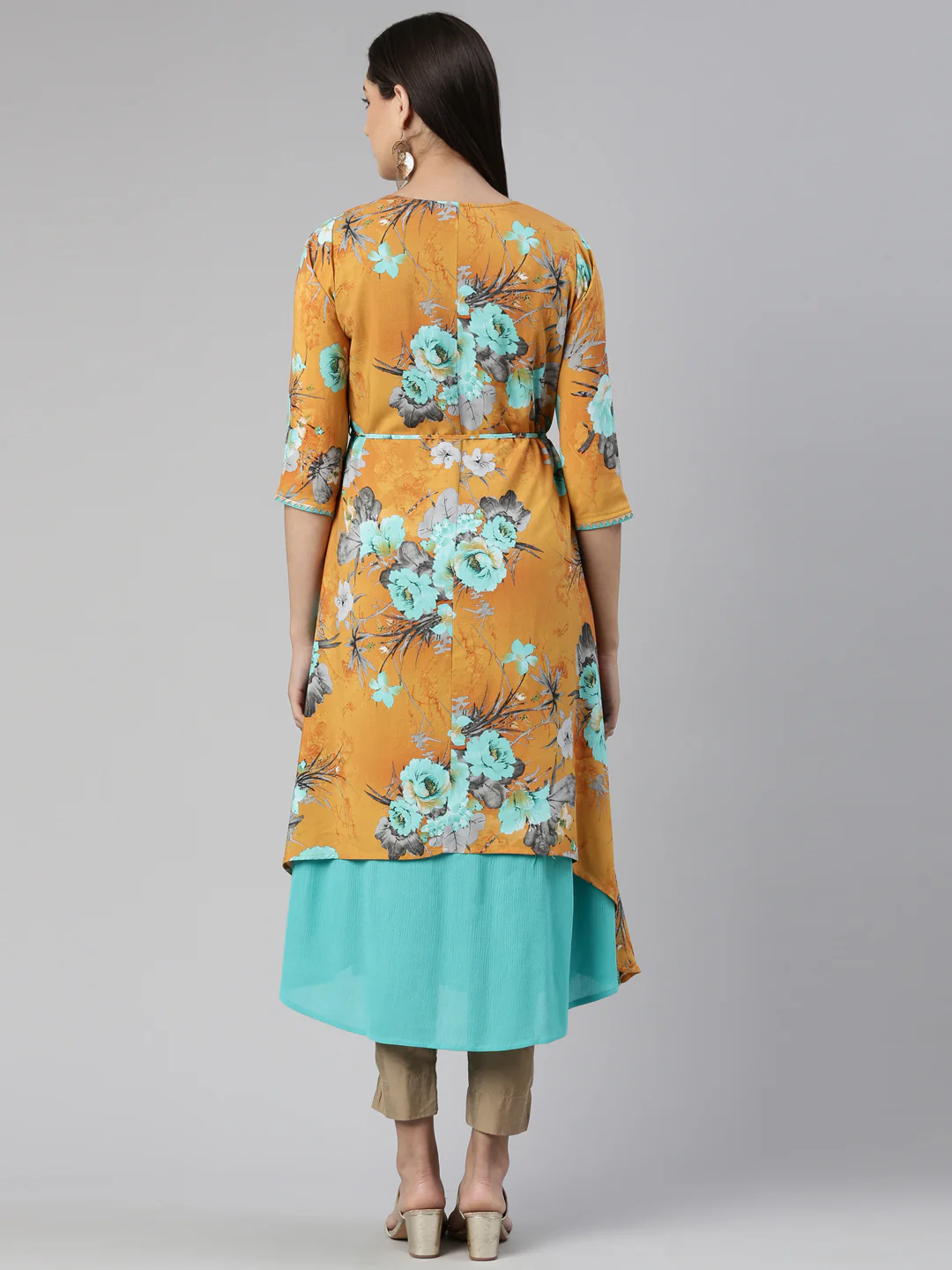Neerus Floral Printed Layered Ethnic Midi Dress - Image 3