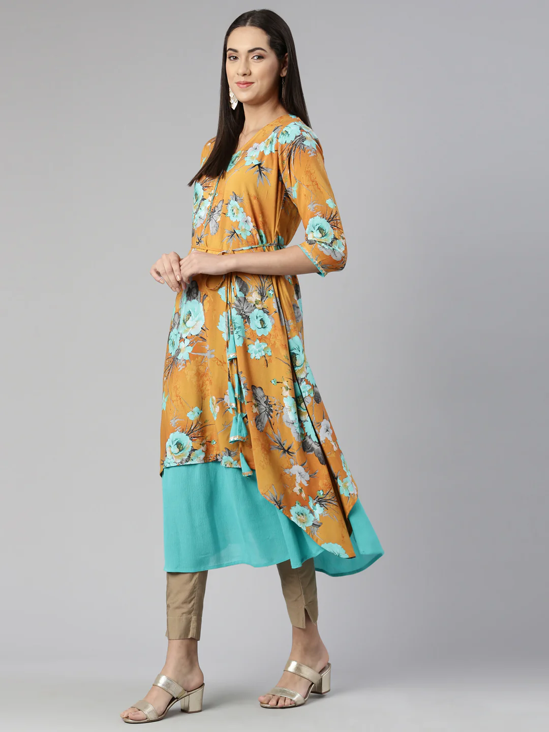 Neerus Floral Printed Layered Ethnic Midi Dress - Image 5