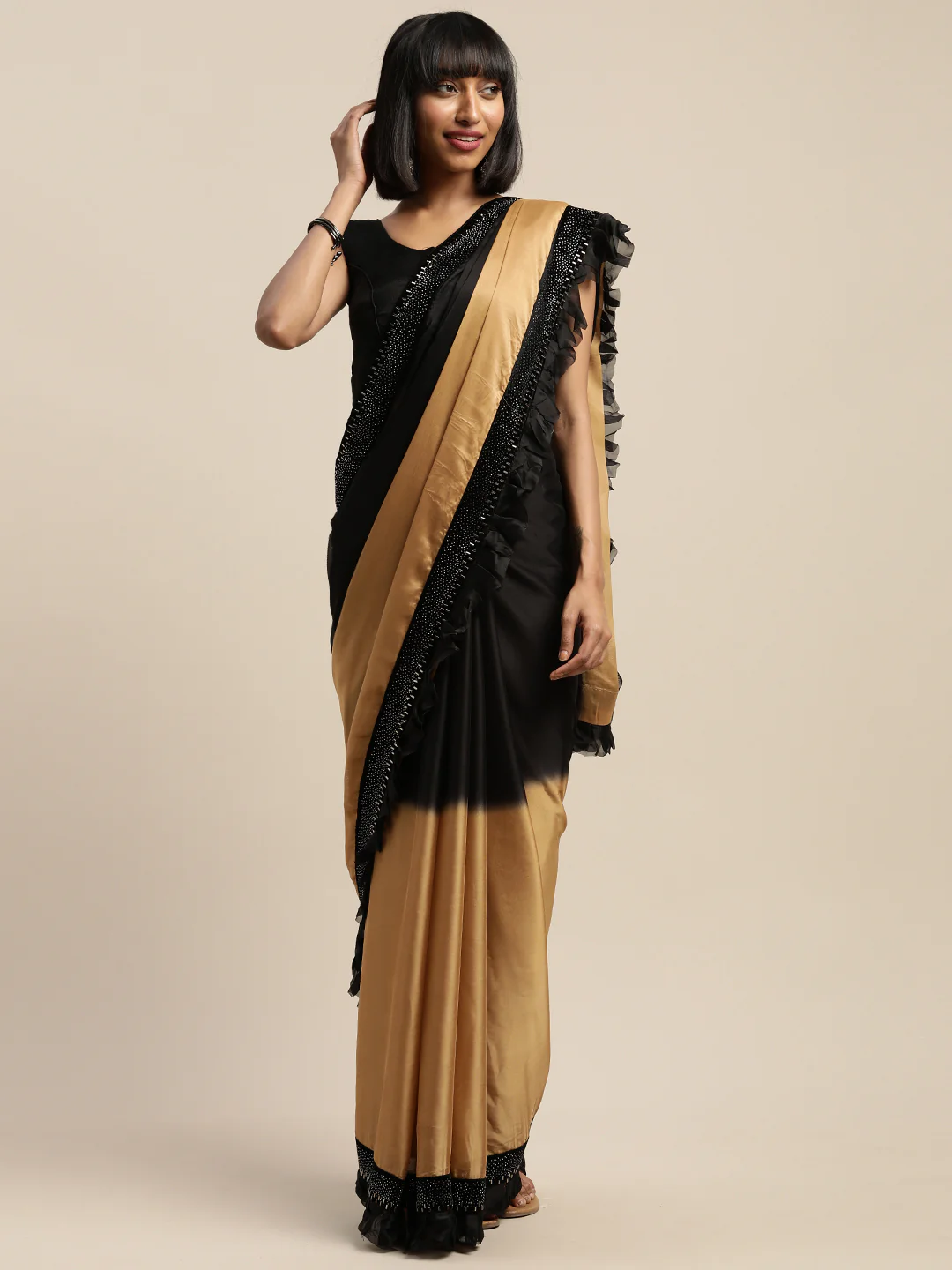 Neerus Gold & Black Embellished Saree With Blouse - Image 7