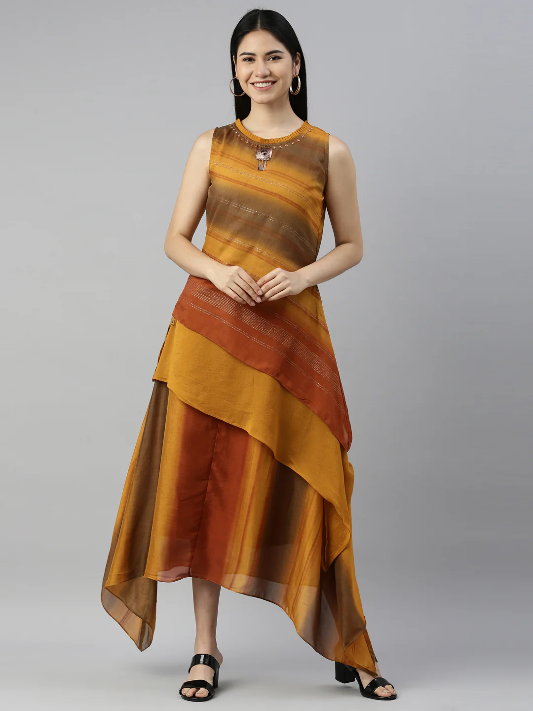 Neerus Gold Color Silk Fabric Kurta