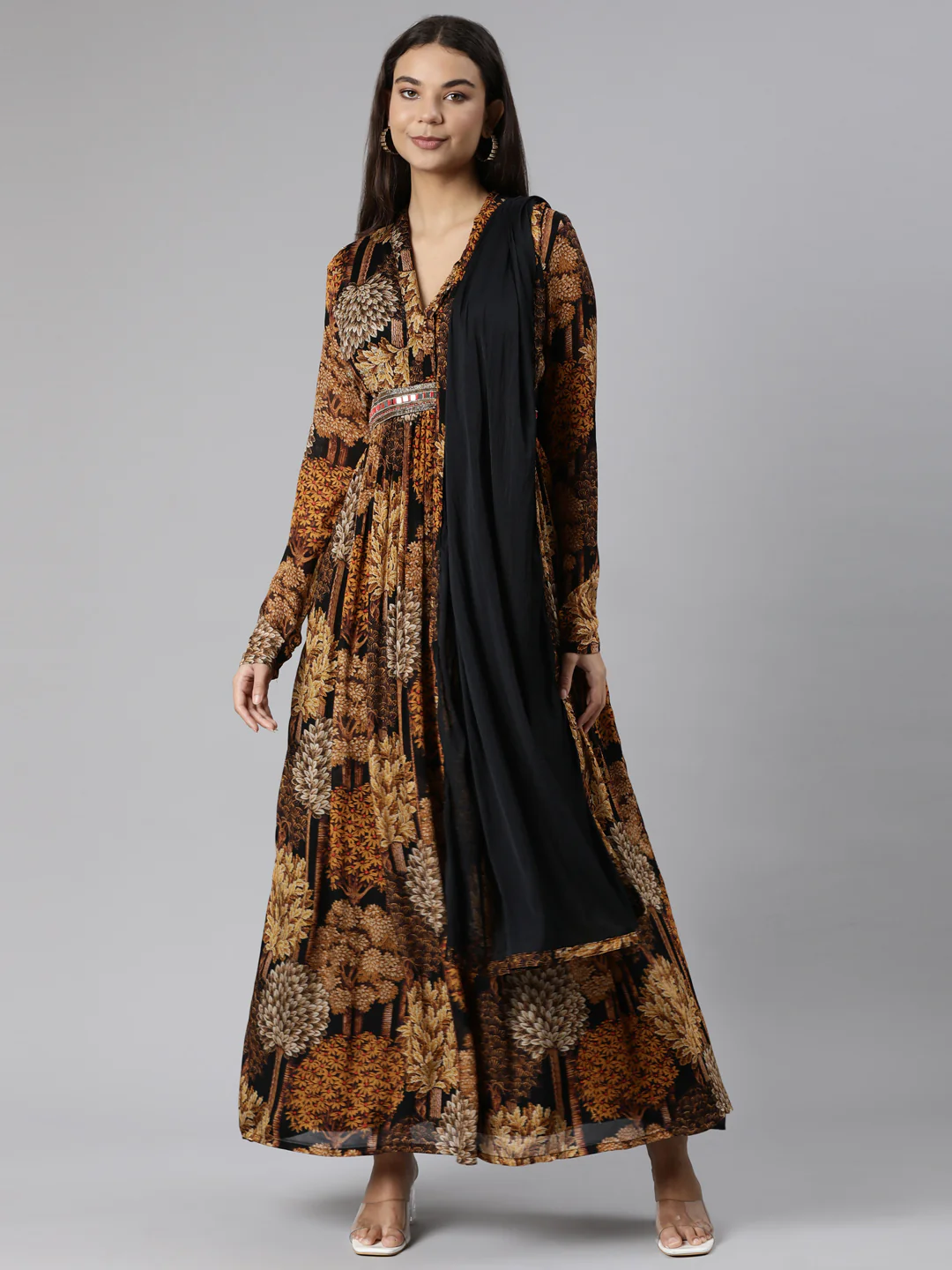 Neerus Gold Flared Casual Floral Dresses