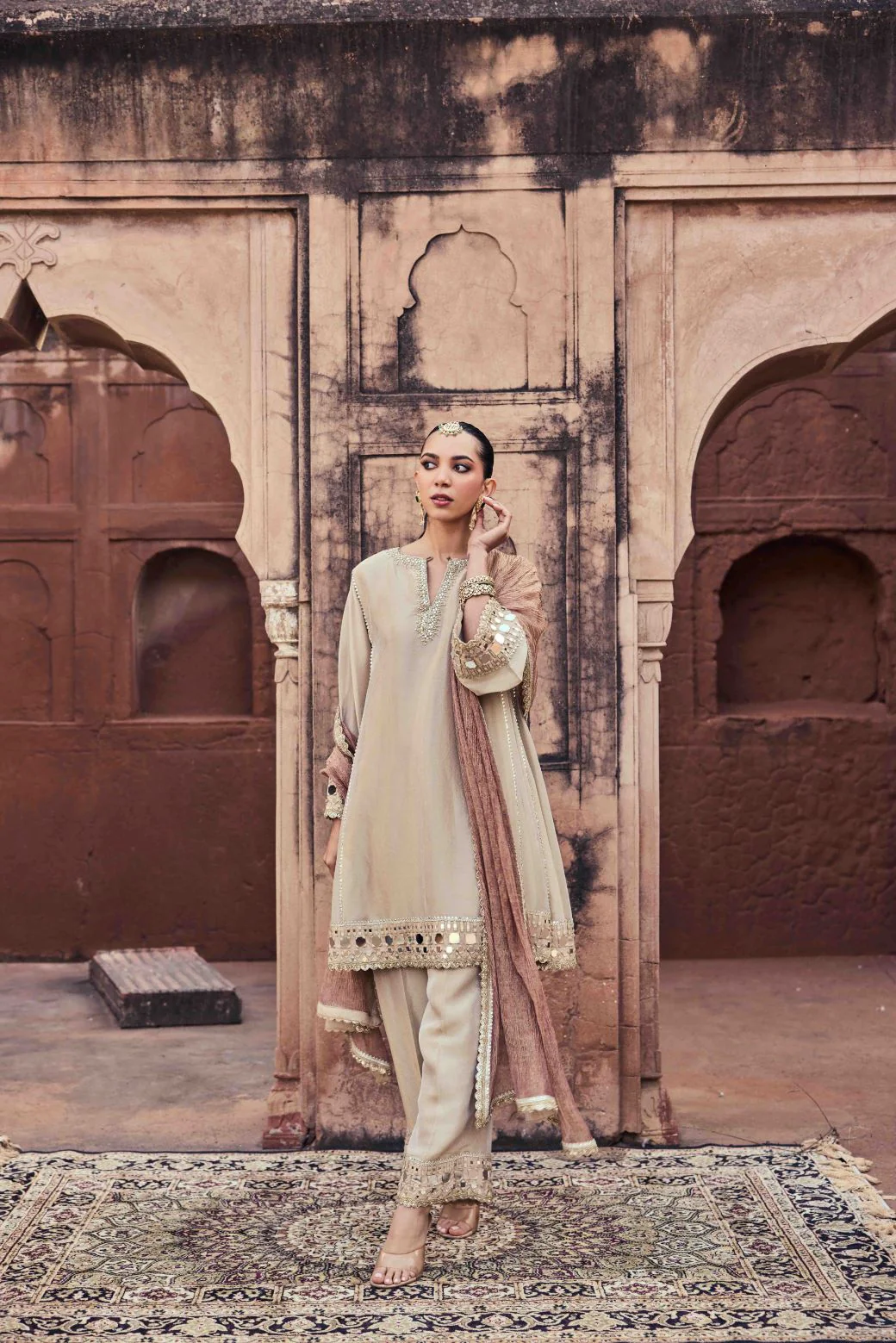 Neerus Gold Mirror Work Organza Fabric Kurta and Trouser with Dupatta - Image 2