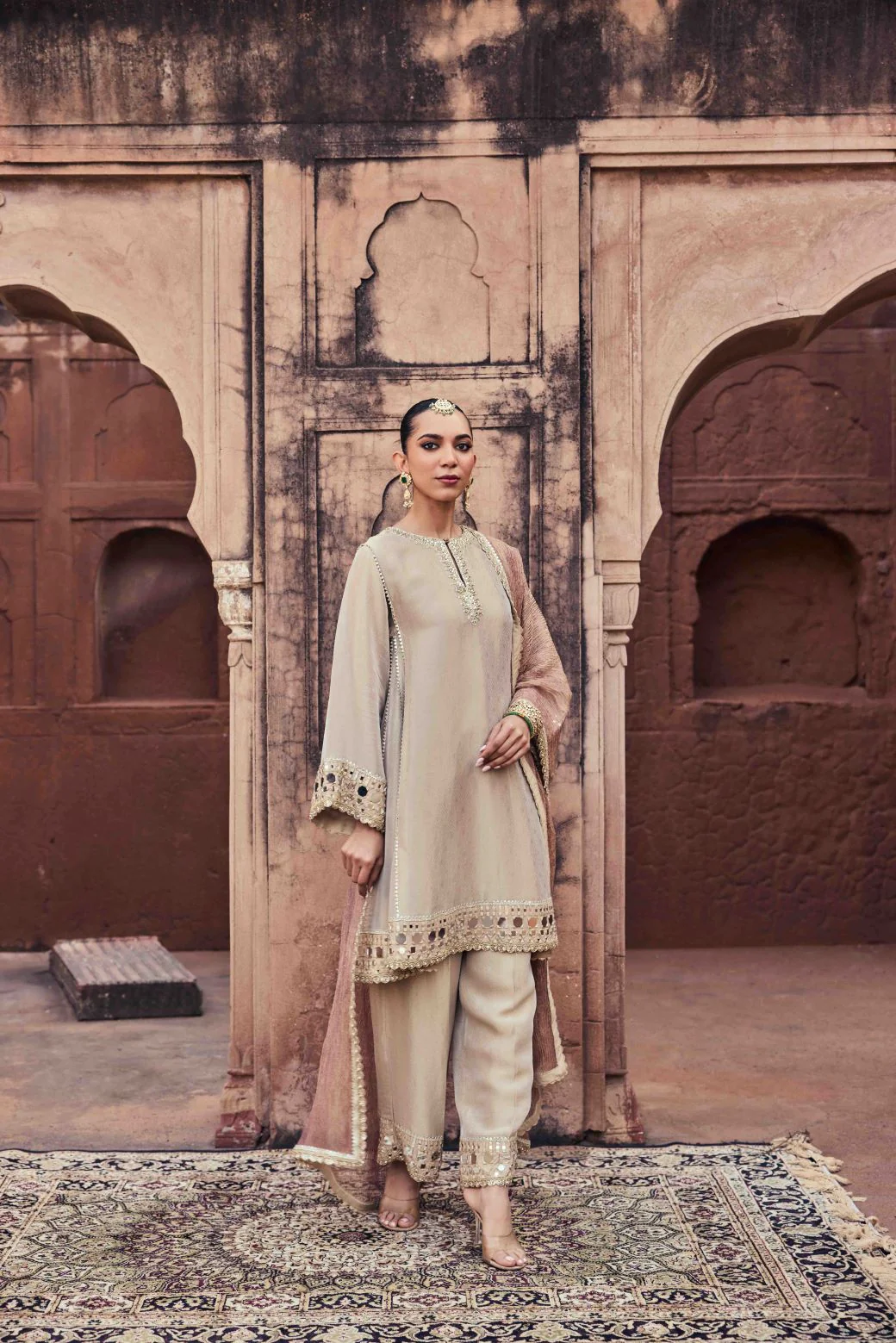 Neerus Gold Mirror Work Organza Fabric Kurta and Trouser with Dupatta - Image 3