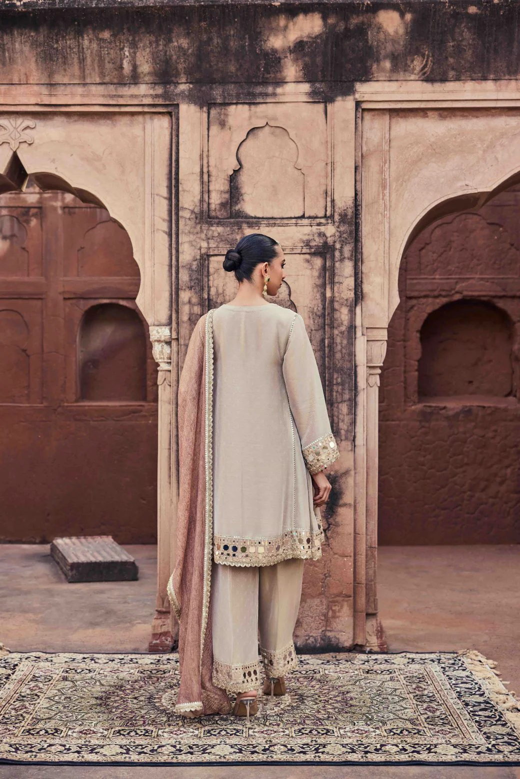 Neerus Gold Mirror Work Organza Fabric Kurta and Trouser with Dupatta - Image 4