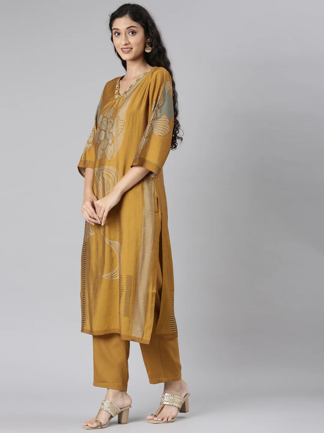 Neerus Gold Straight Casual Floral Kurta and Trouser with Dupatta - Image 2