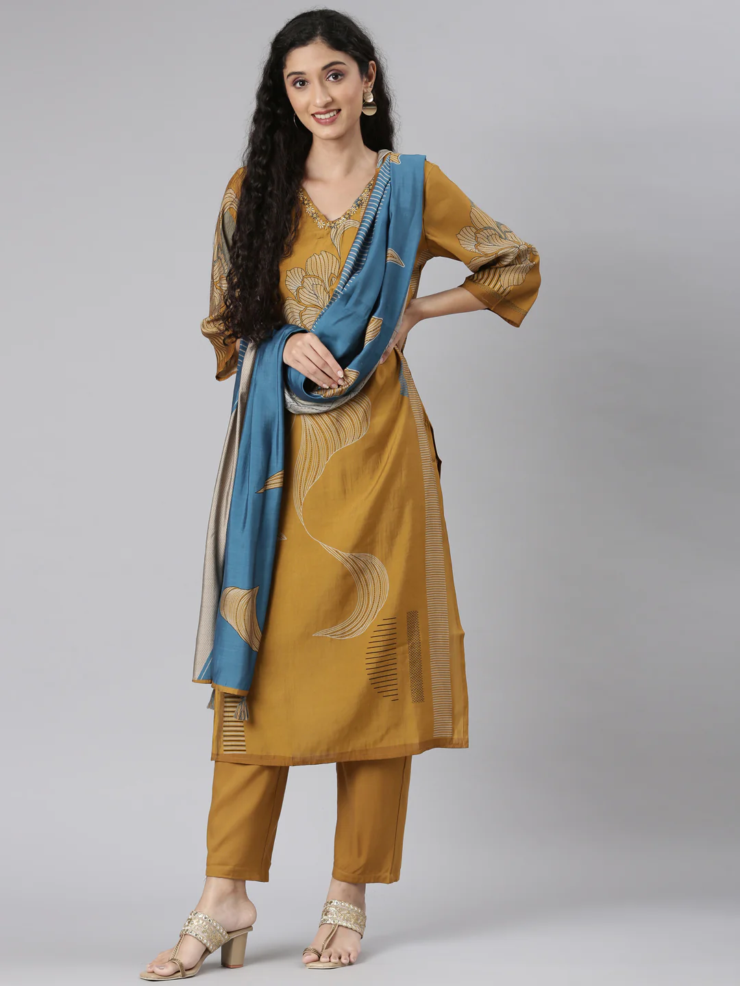 Neerus Gold Straight Casual Floral Kurta and Trouser with Dupatta - Image 6