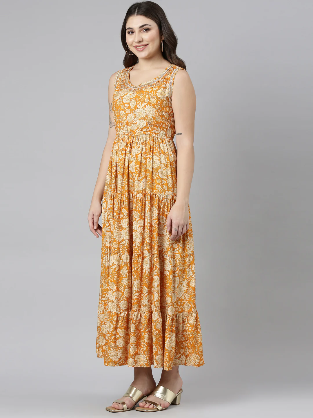 Neerus Gold Straight Casual Printed Gown - Image 2
