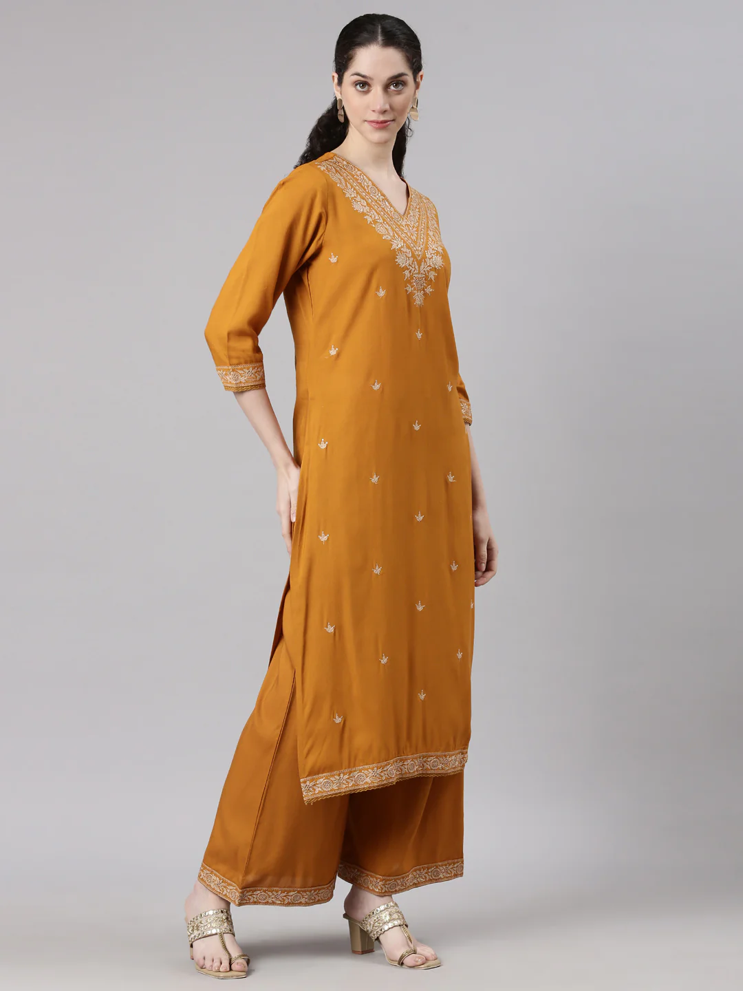 Neerus Gold Straight Casual Solid Kurta and Plazzo with Dupatta - Image 3