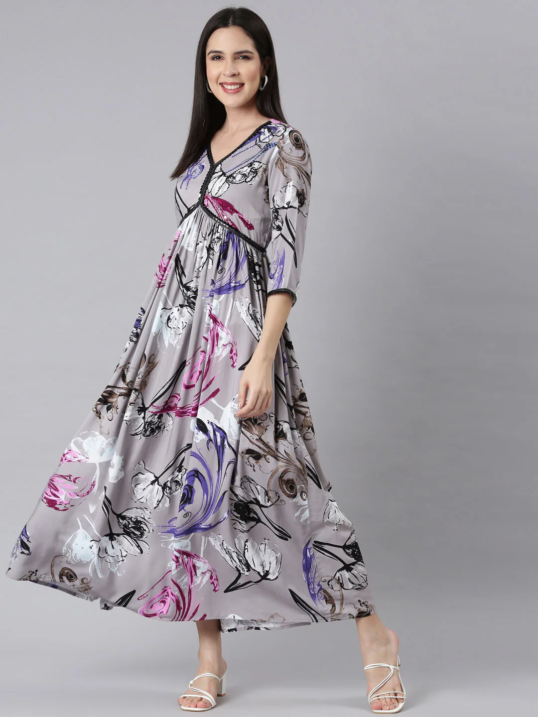 Neerus Grey Asymmetric Casual Floral Maxi Dresses - Image 4