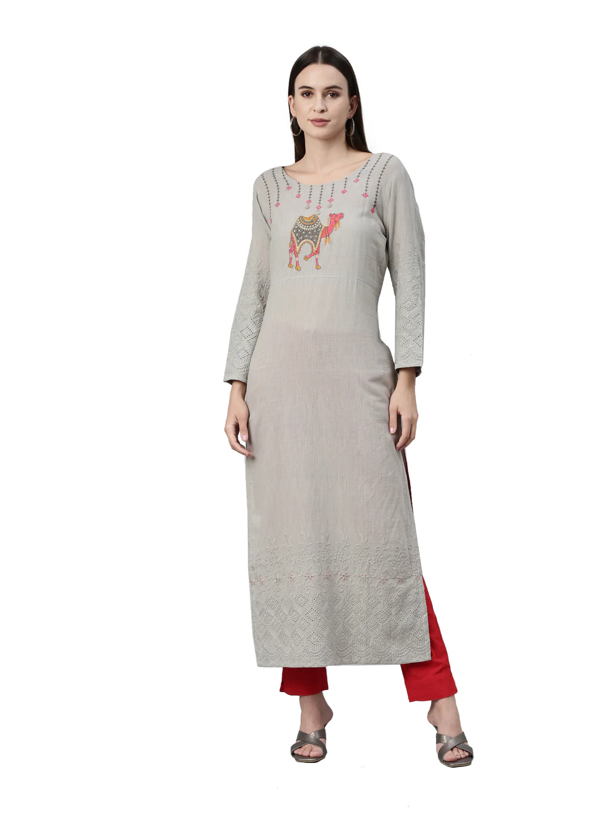Neerus Grey Color Slub Cotton Fabric Kurta