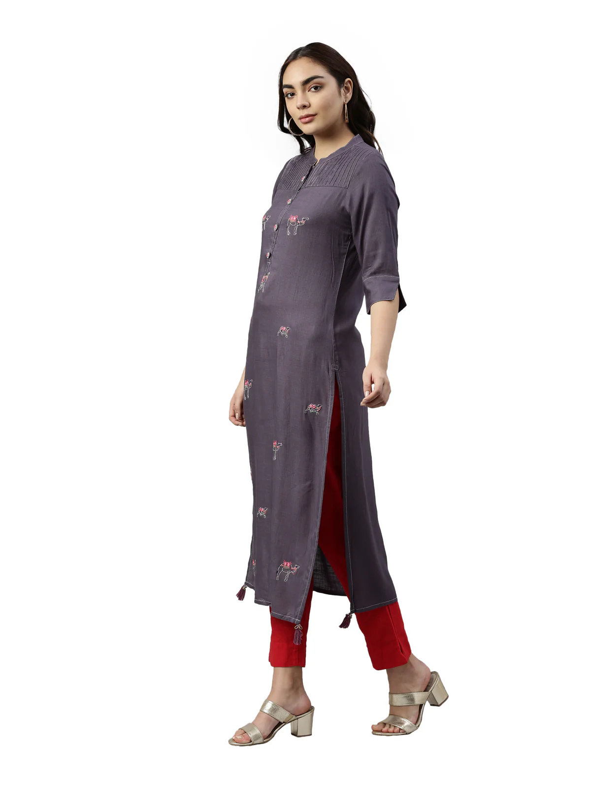 Neerus Grey Color Slub Rayon Fabric Kurta - Image 3
