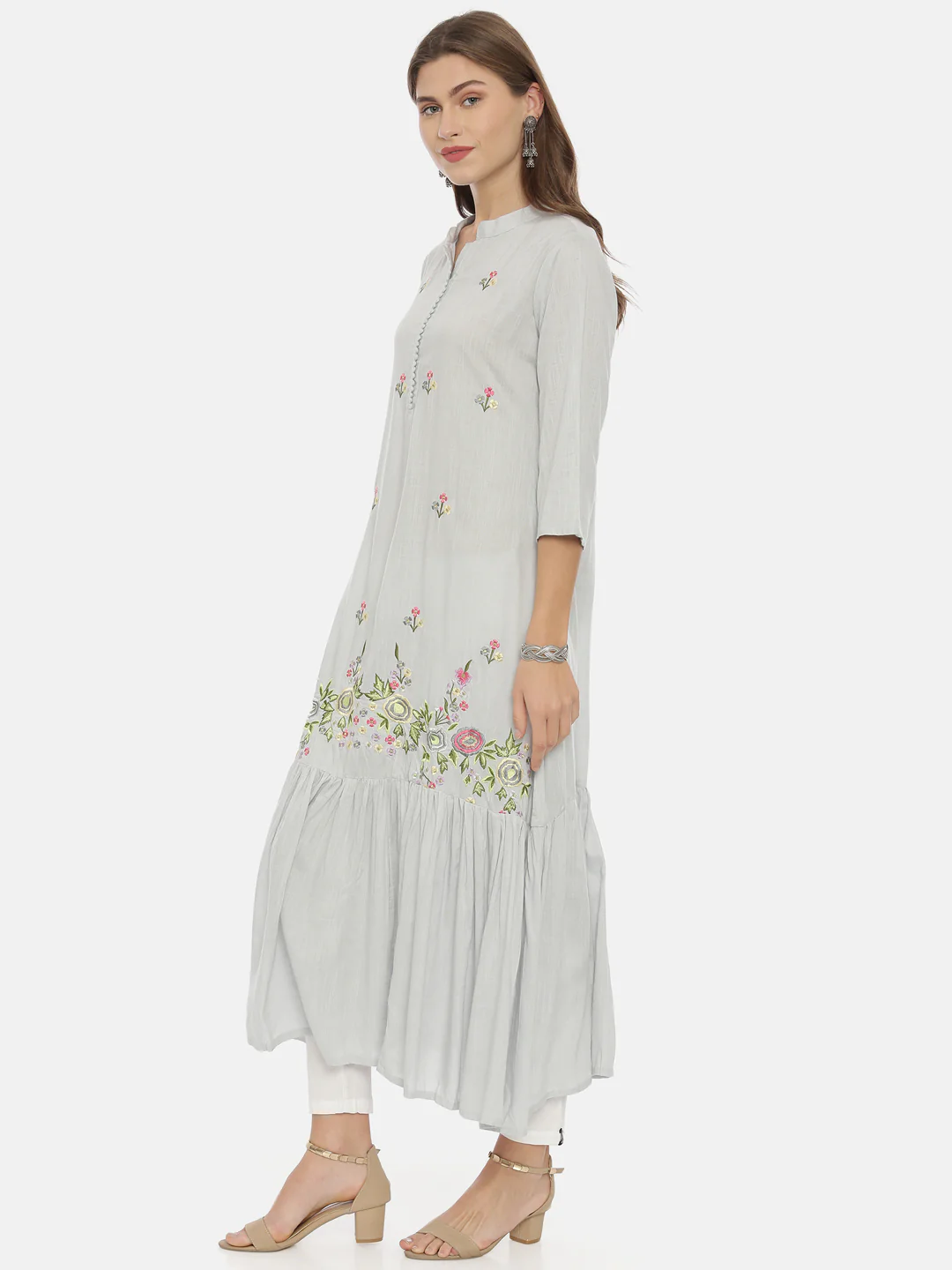 Neerus Gray Color Slub Rayon Fabric Tunic - Image 3