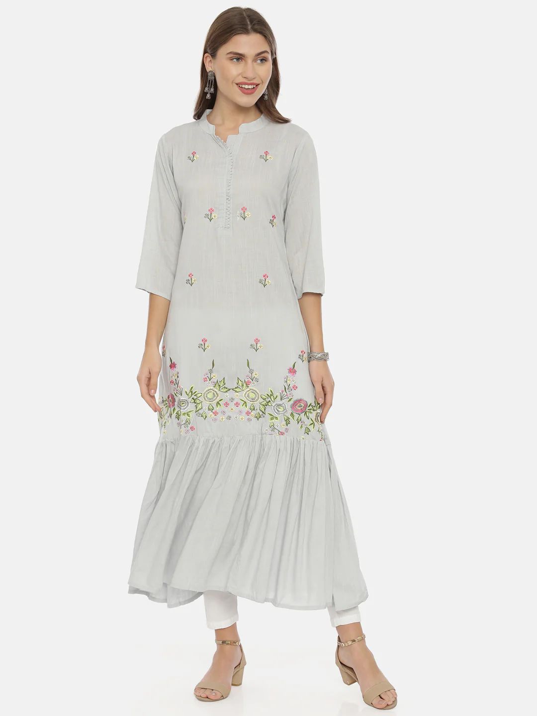 Neerus Gray Color Slub Rayon Fabric Tunic - Image 6