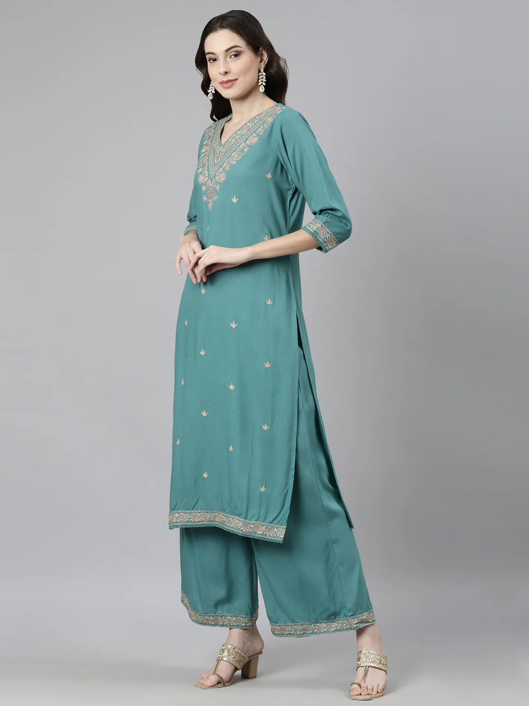 Neerus Green Casual Ethnic Motifs Straight Kurta and Palazzos With Dupatta - Image 2