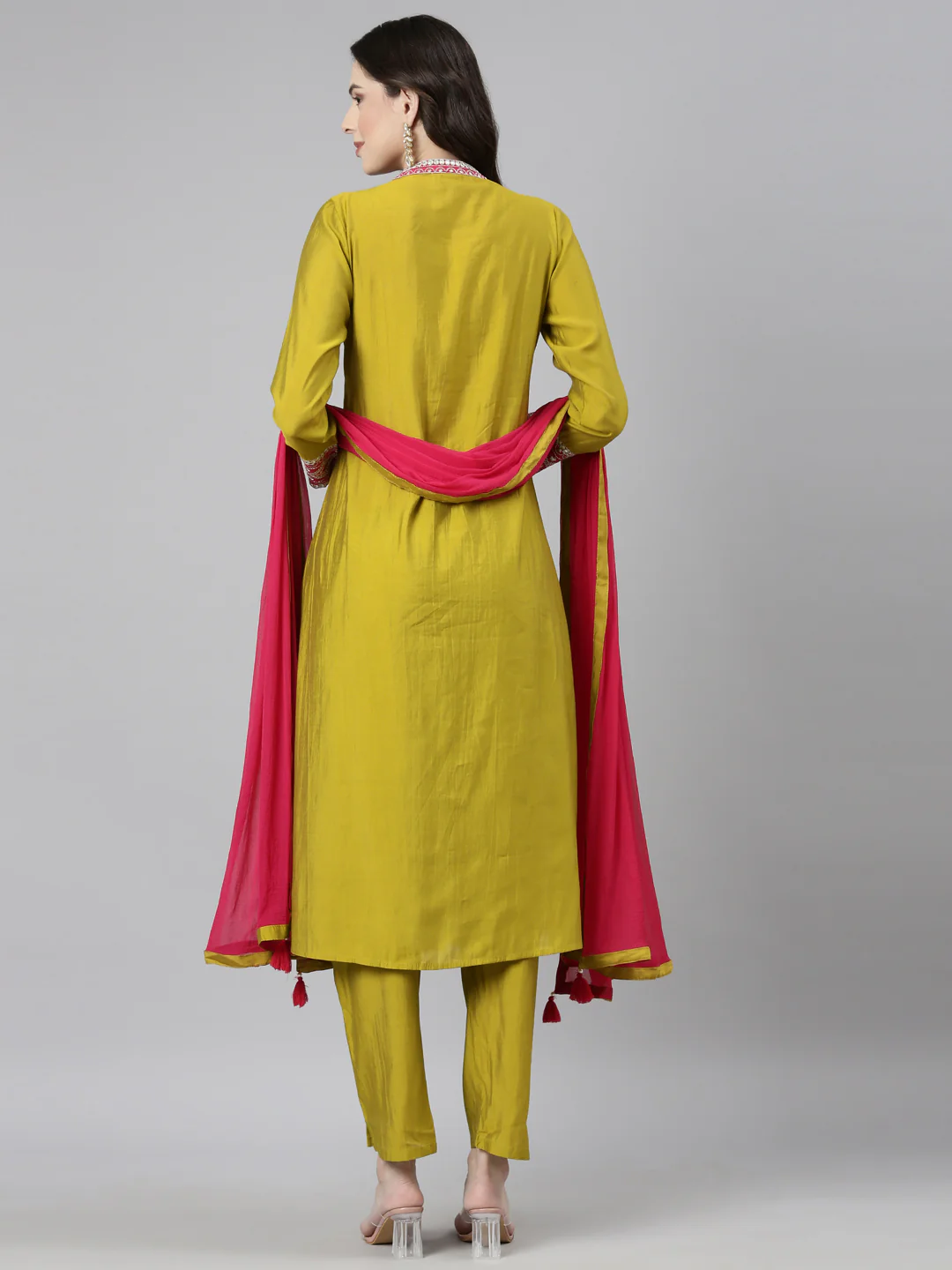 Neerus Green Casual Solid Anarkali Kurta and Trousers With Dupatta - Image 4