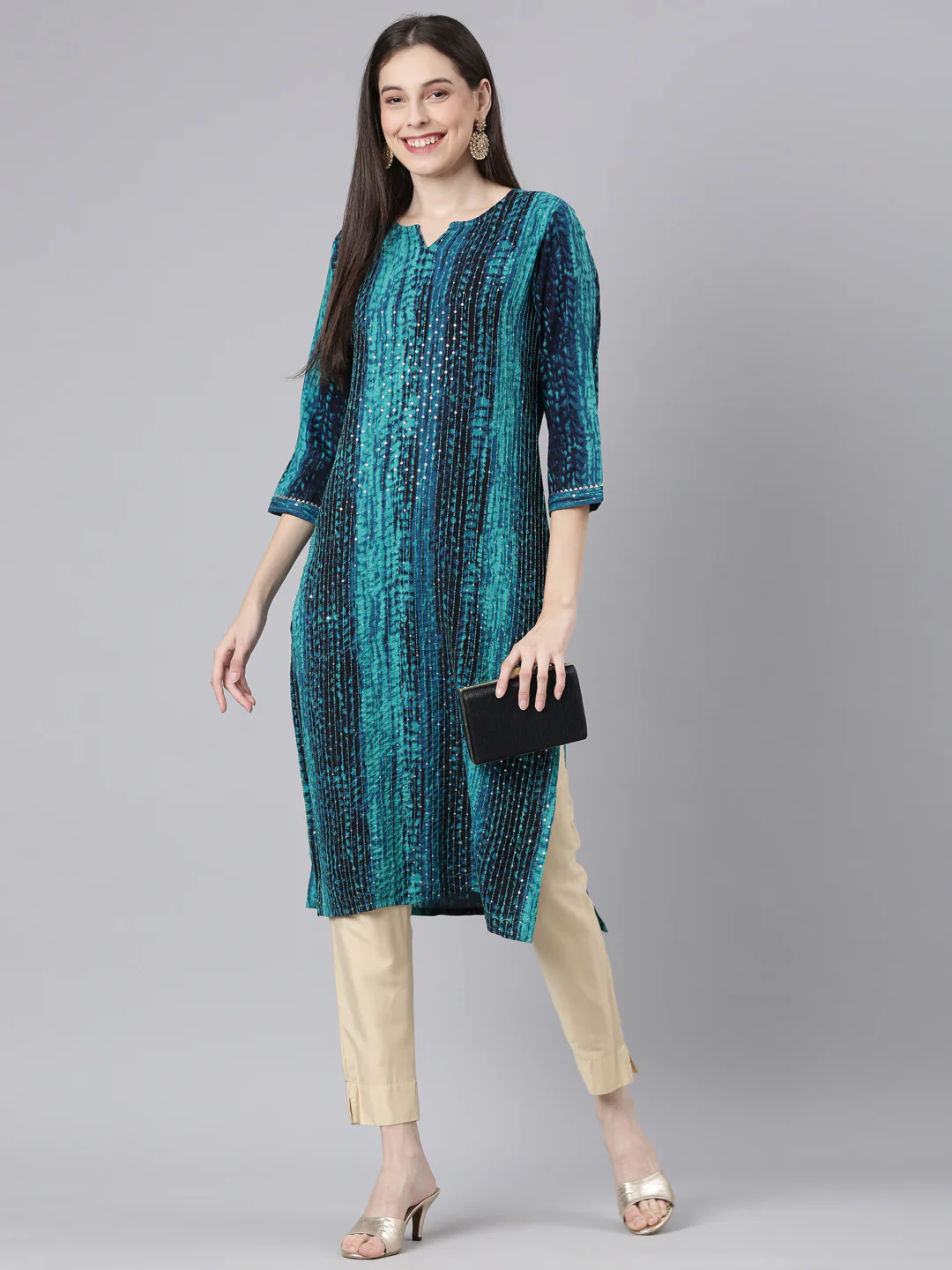 Neerus Green Casual Striped Straight Kurta - Image 5