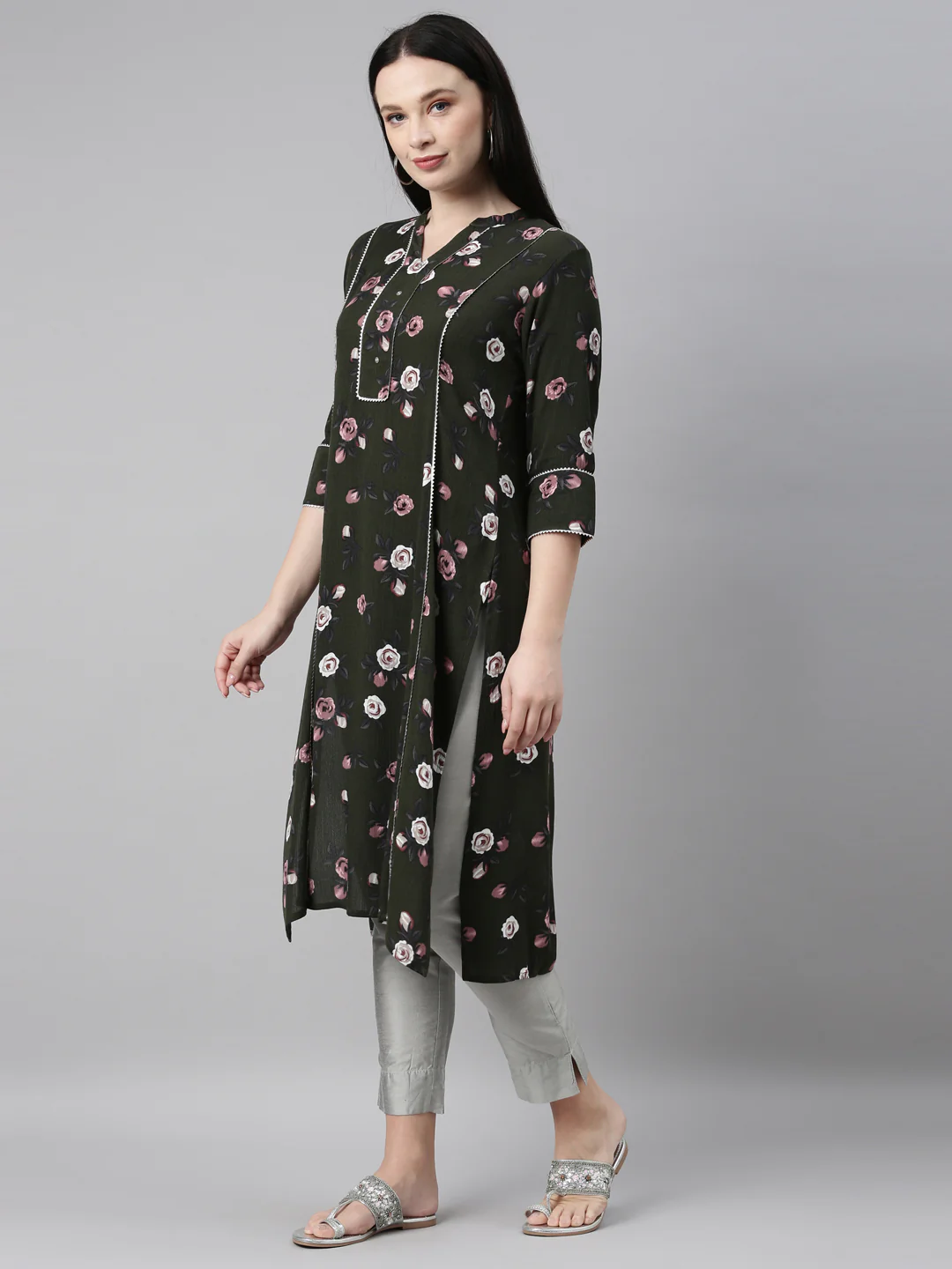 Neerus Green Color Chiffon Fabric Kurta - Image 3