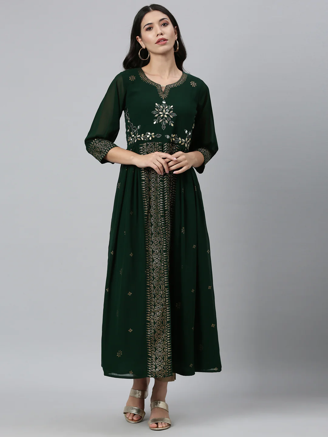Neerus Green Color Georgette Fabric Kurta