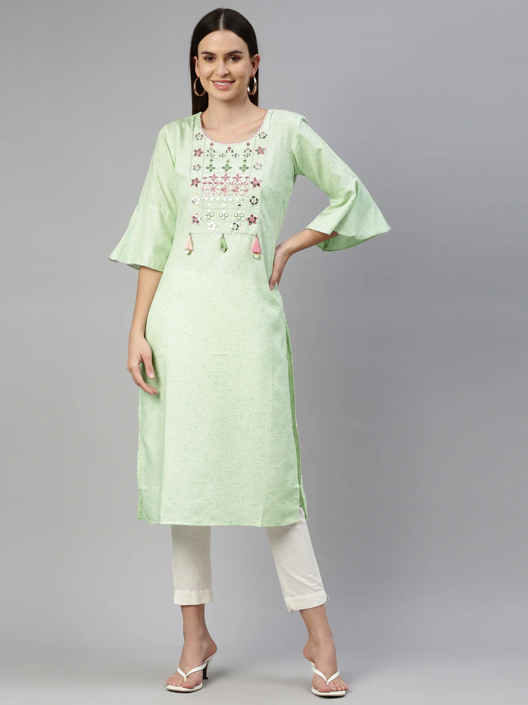 Neerus Green Color Handloom Fabric Kurta