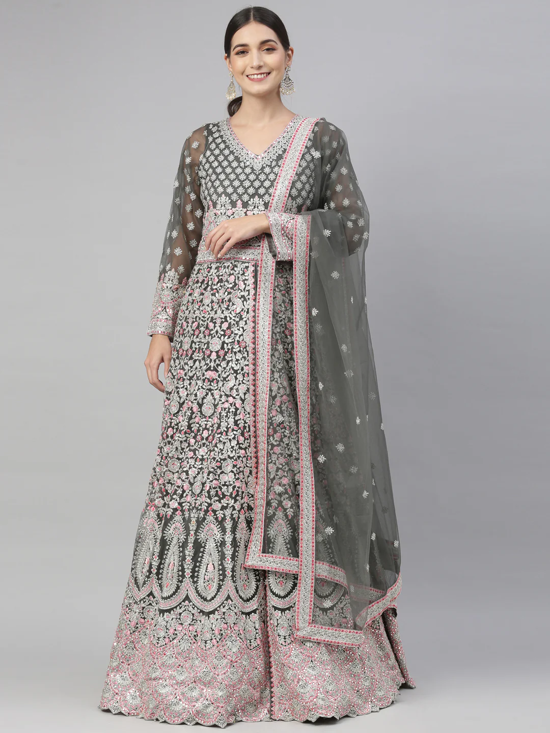 Neerus Green Color Nett Fabric Gown