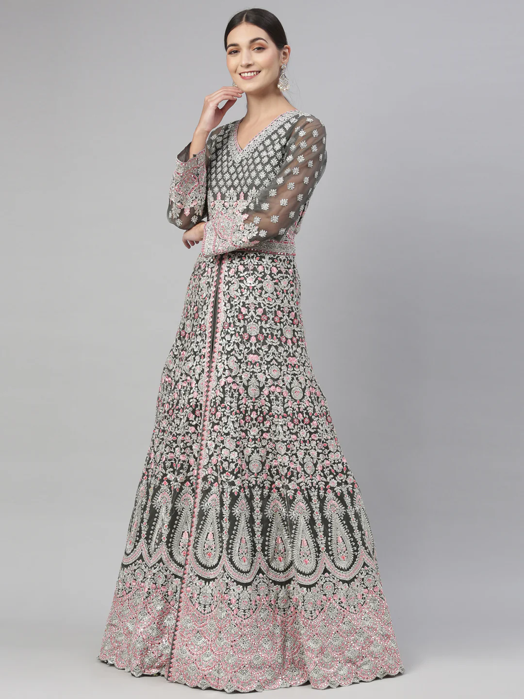 Neerus Green Color Nett Fabric Gown - Image 17