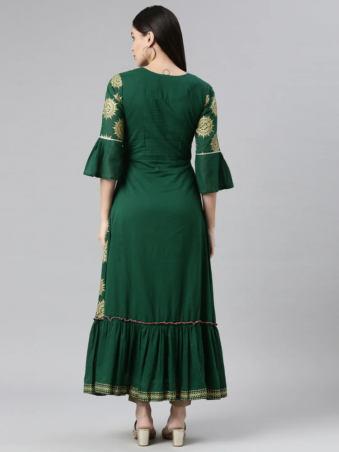 Neerus Green Color Printed Floral Dress - Image 3
