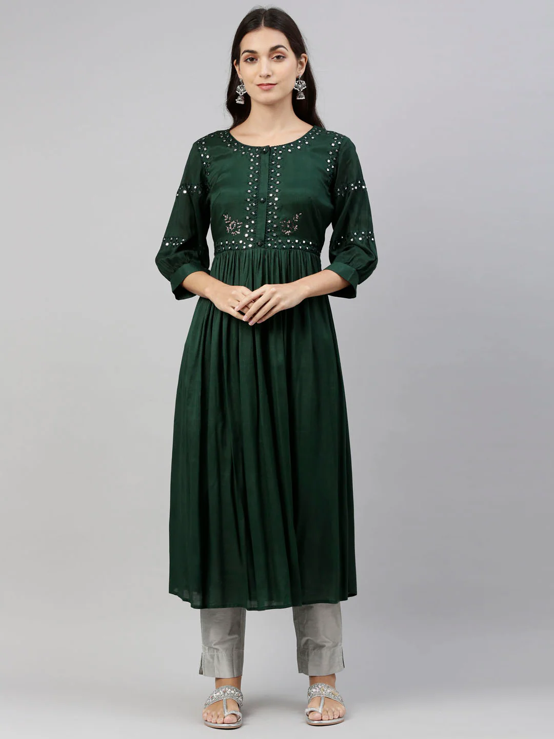 Neerus Green Color Santoon Fabric Tunic