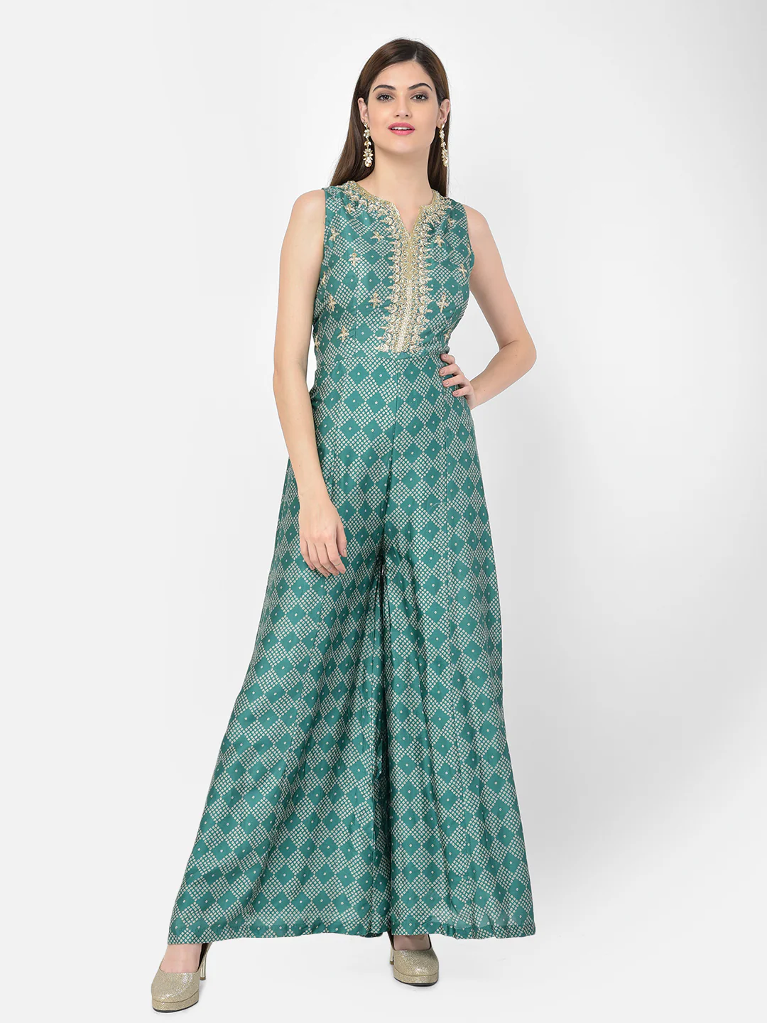Neerus Green Color Silk Fabric Jump Suit