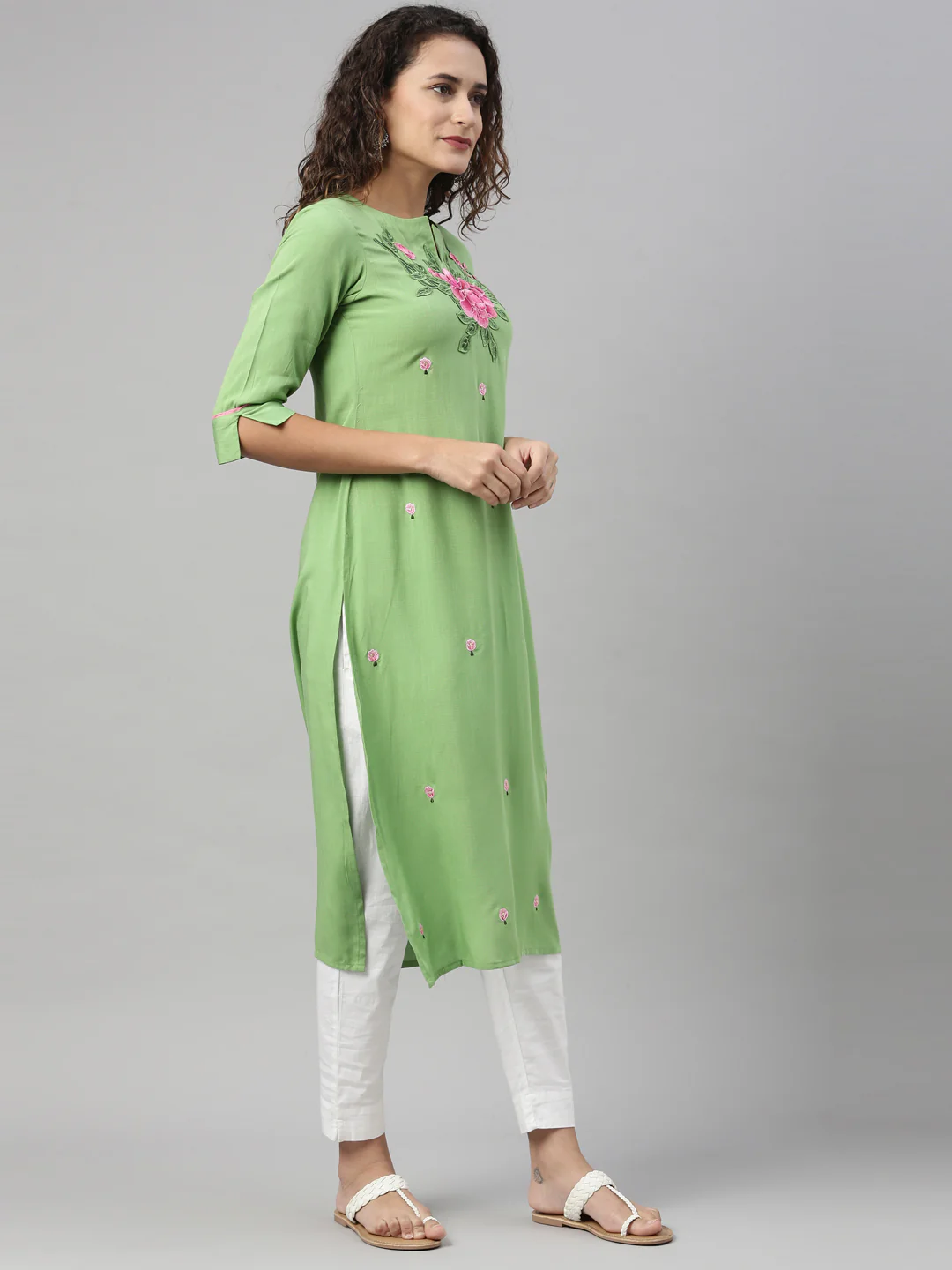 Neerus Green Color Slub Rayon Fabric Kurta
