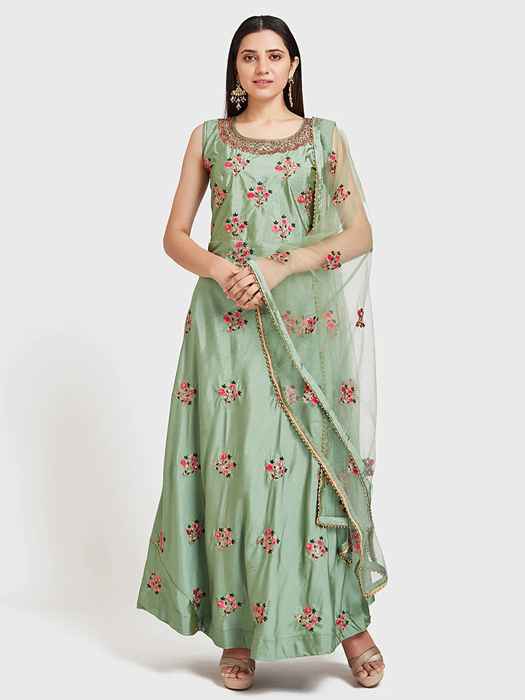 Neerus Green Embellished Anarkali Kurta With Dupatta - Image 6