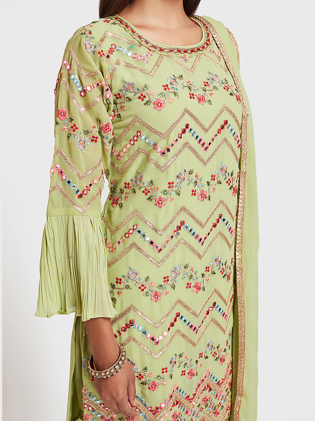 Neerus Green Embellished Kurta With Sharara & Dupatta - Image 4