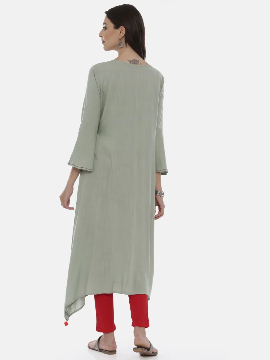 Neerus Green Embroidered High Low Kurta - Image 5