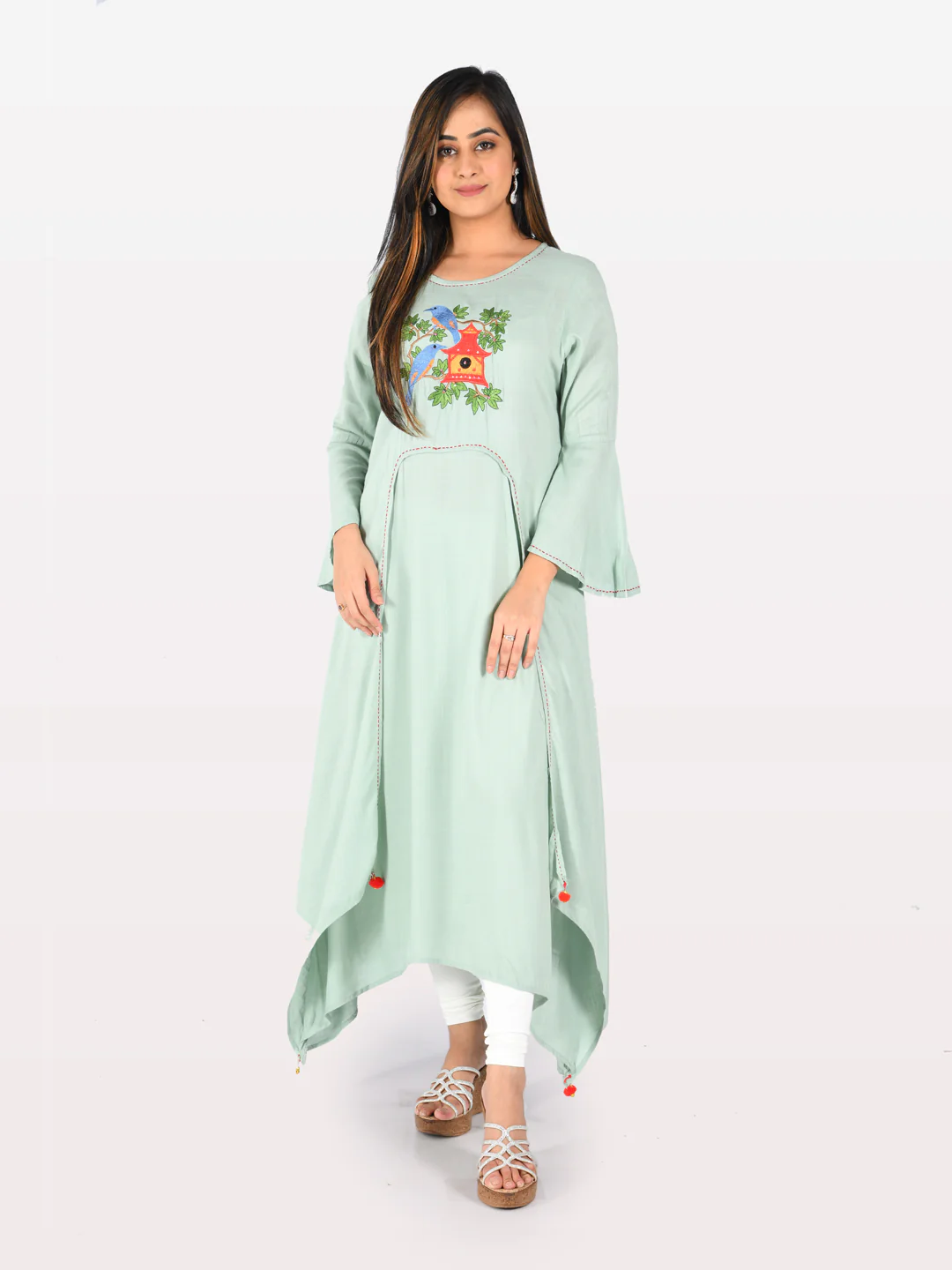 Neerus Green Embroidered High Low Kurta - Image 7
