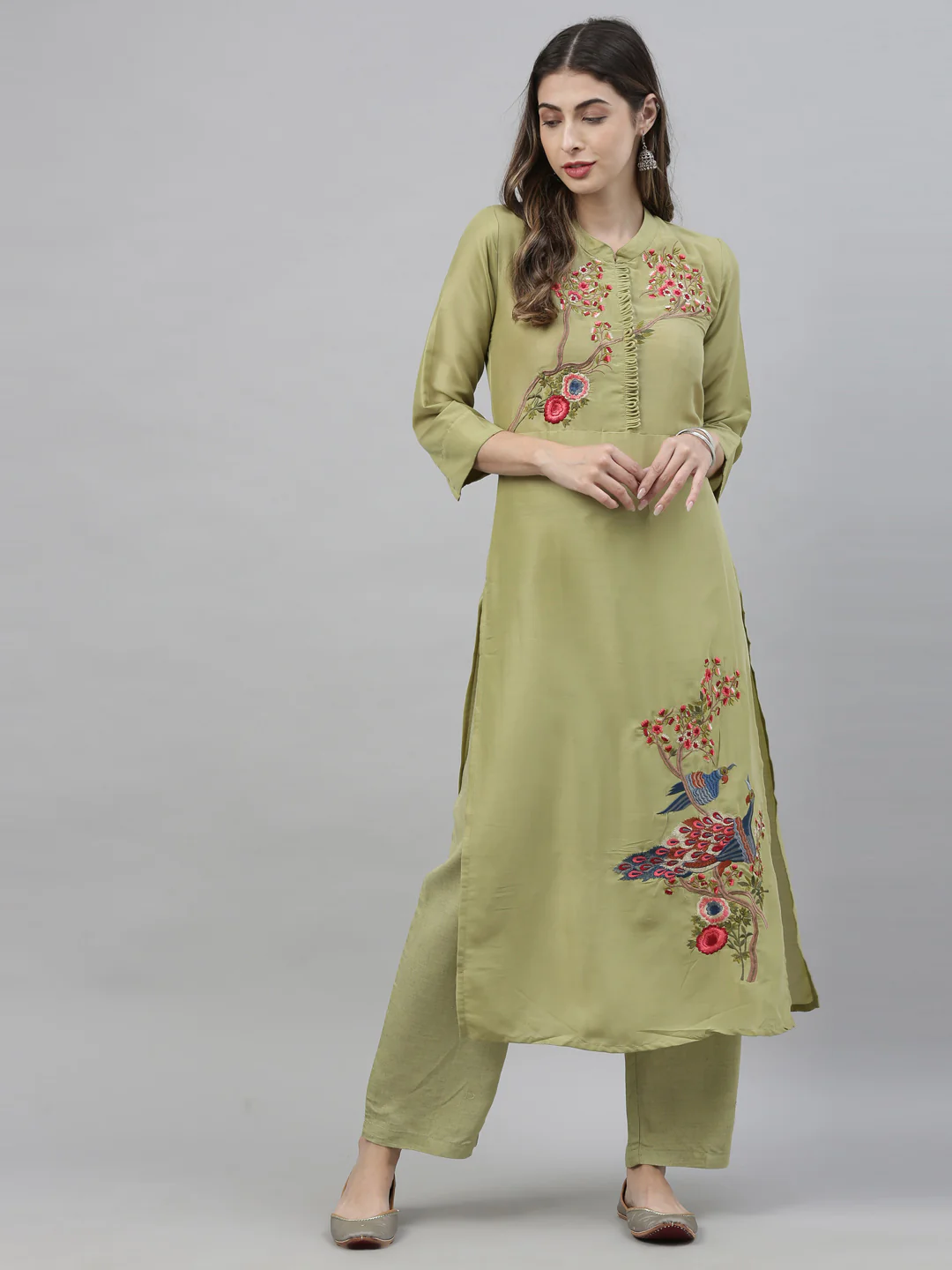 Neerus Green Embroidered Kurta & Palazzo Set - Image 8