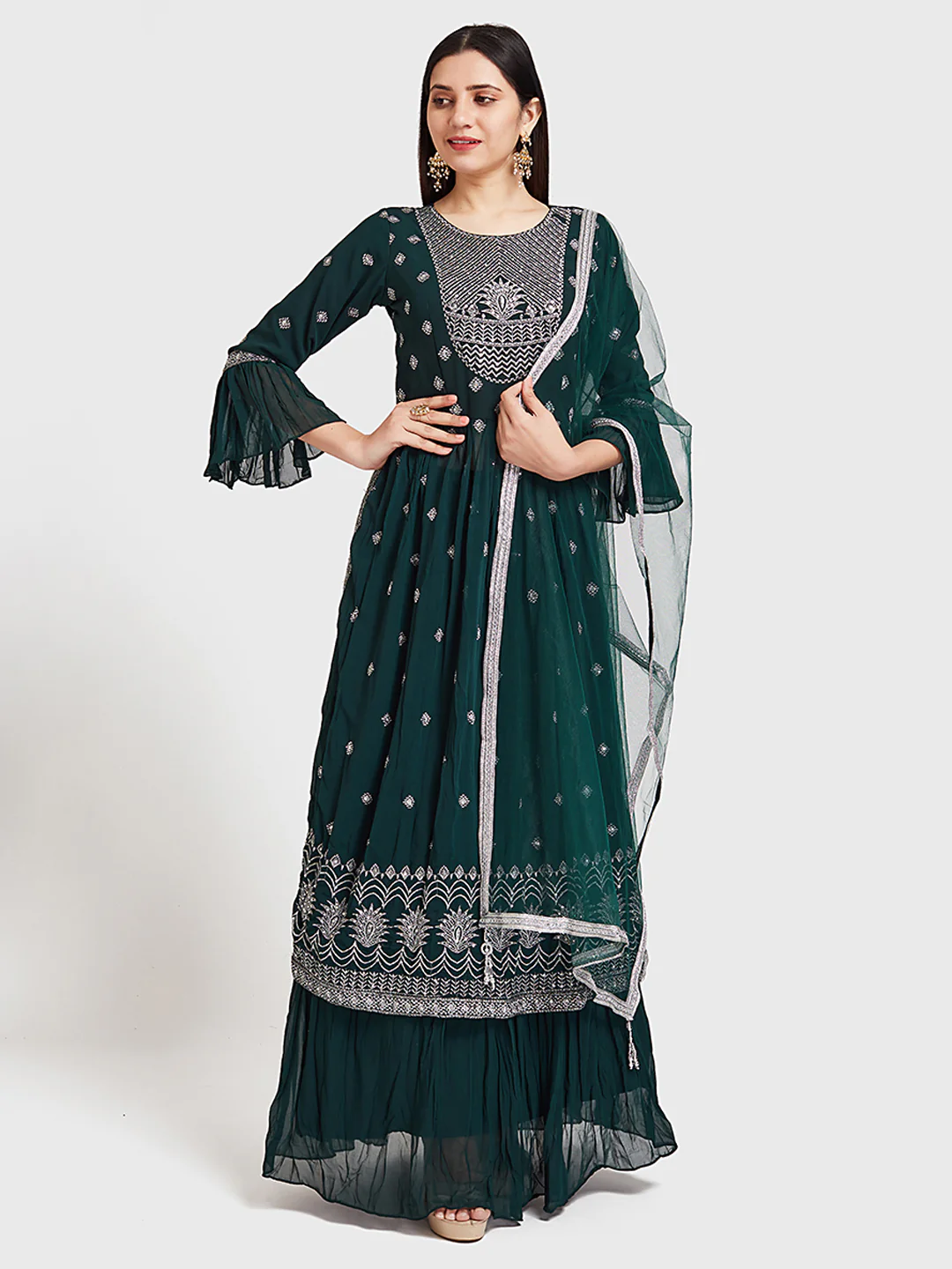 Neerus Green Embroidered Kurta With Skirt & Dupatta - Image 6