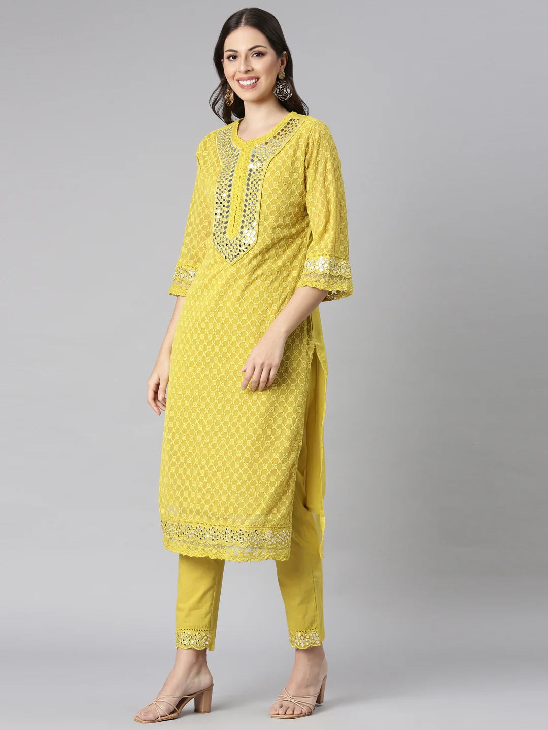 Neerus Green Embroidered Straight Kurta and Trousers With Dupatta - Image 2