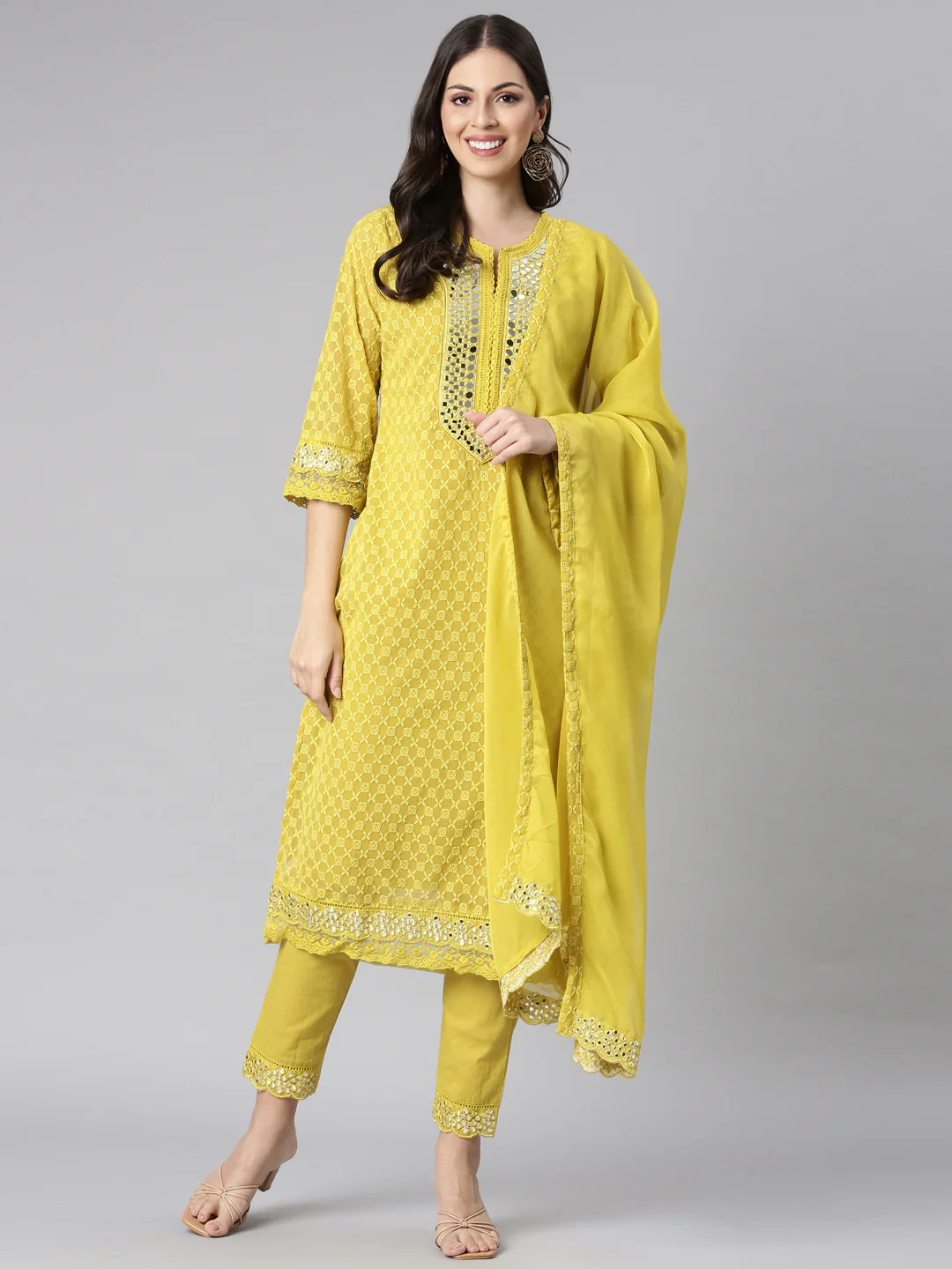 Neerus Green Embroidered Straight Kurta and Trousers With Dupatta - Image 5