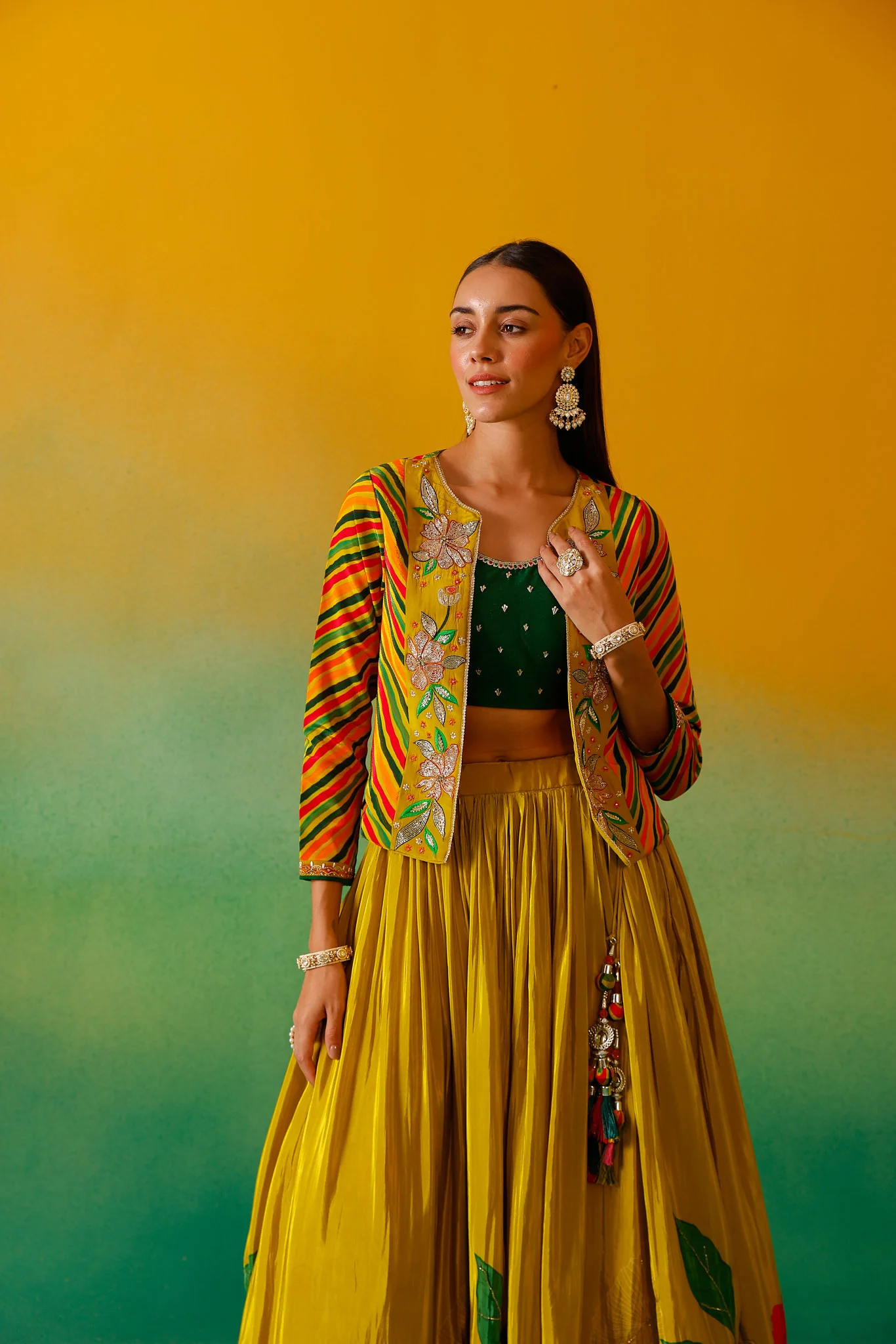 Neerus Green Embroidery Work Crepe Fabric Ghagra Set. - Image 6