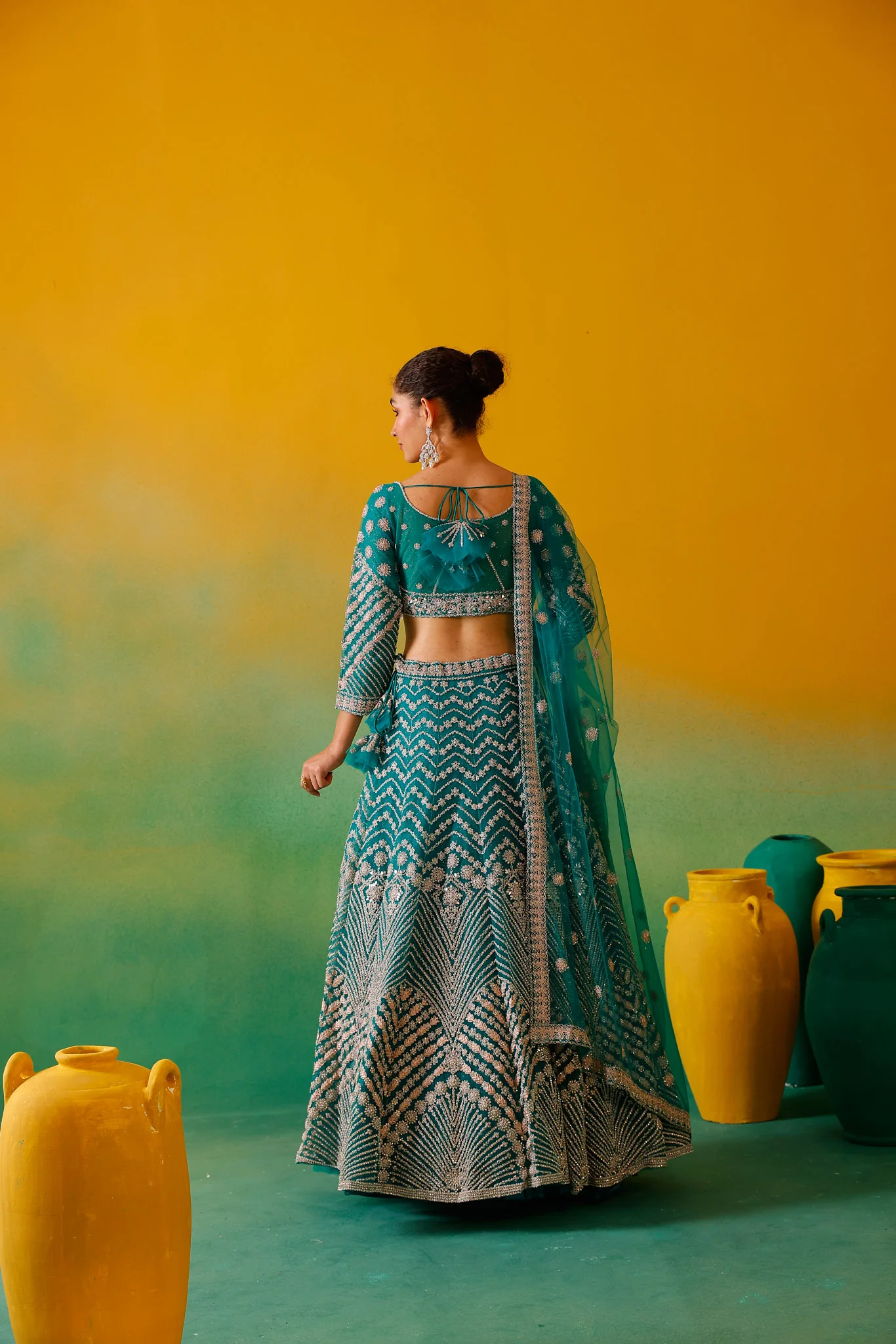 Neerus Green Embroidery work Nett Fabric Ghagra Set. - Image 2